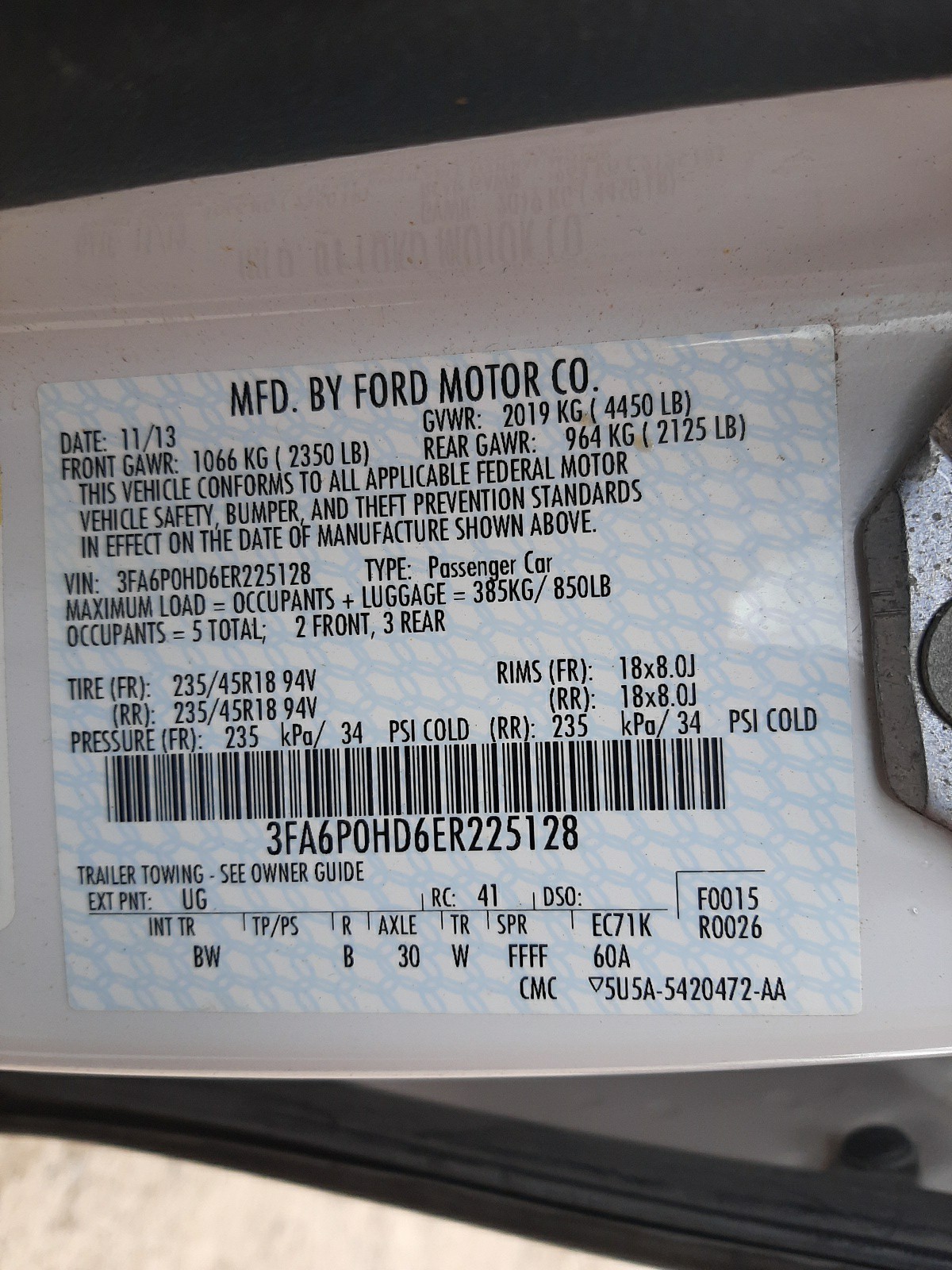Photo 10 from auction – 2014 FORD FUSION SE with VIN 3FA6P0HD6ER225128