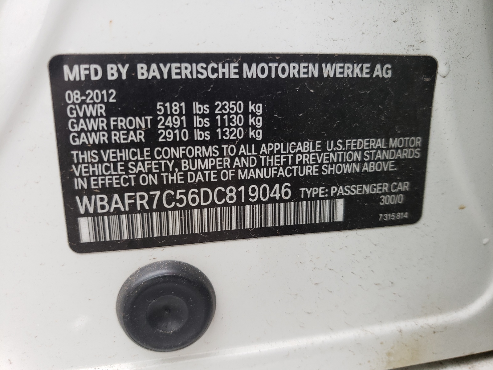 Photo 10 from auction – 2013 BMW 535 I with VIN WBAFR7C56DC819046