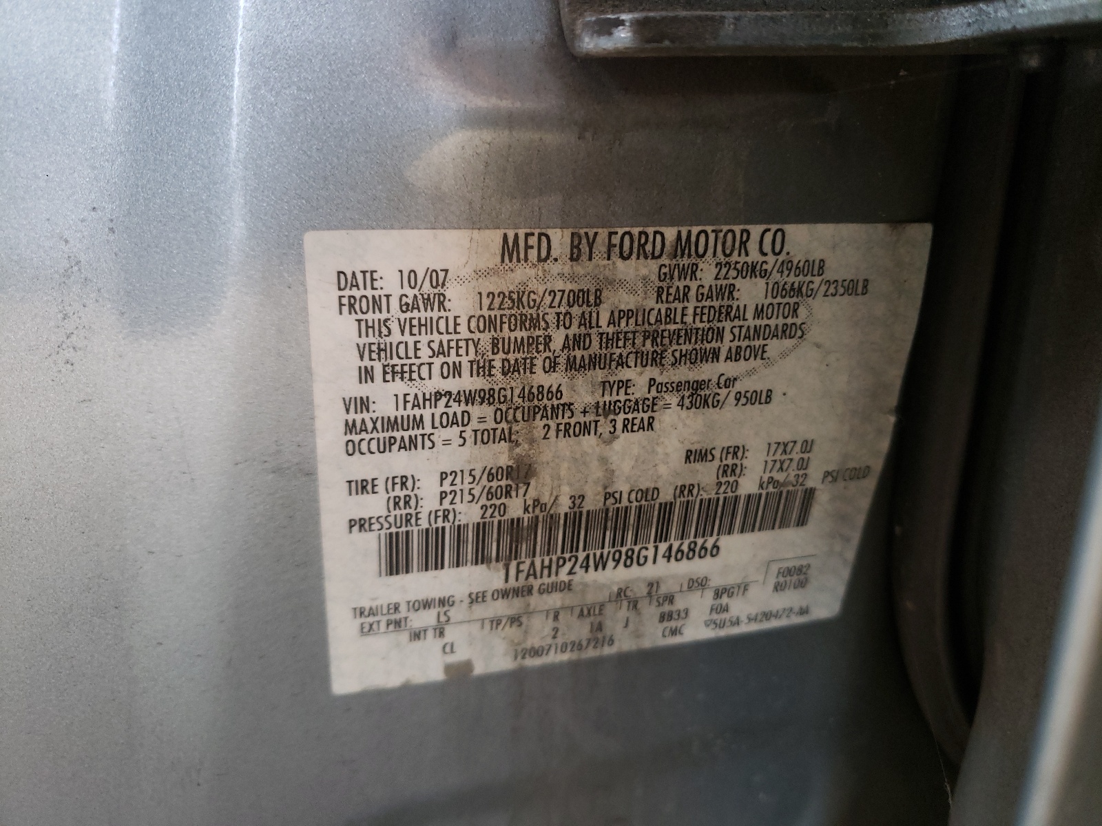 Photo 10 from auction – 2008 FORD TAURUS SEL with VIN 1FAHP24W98G146866