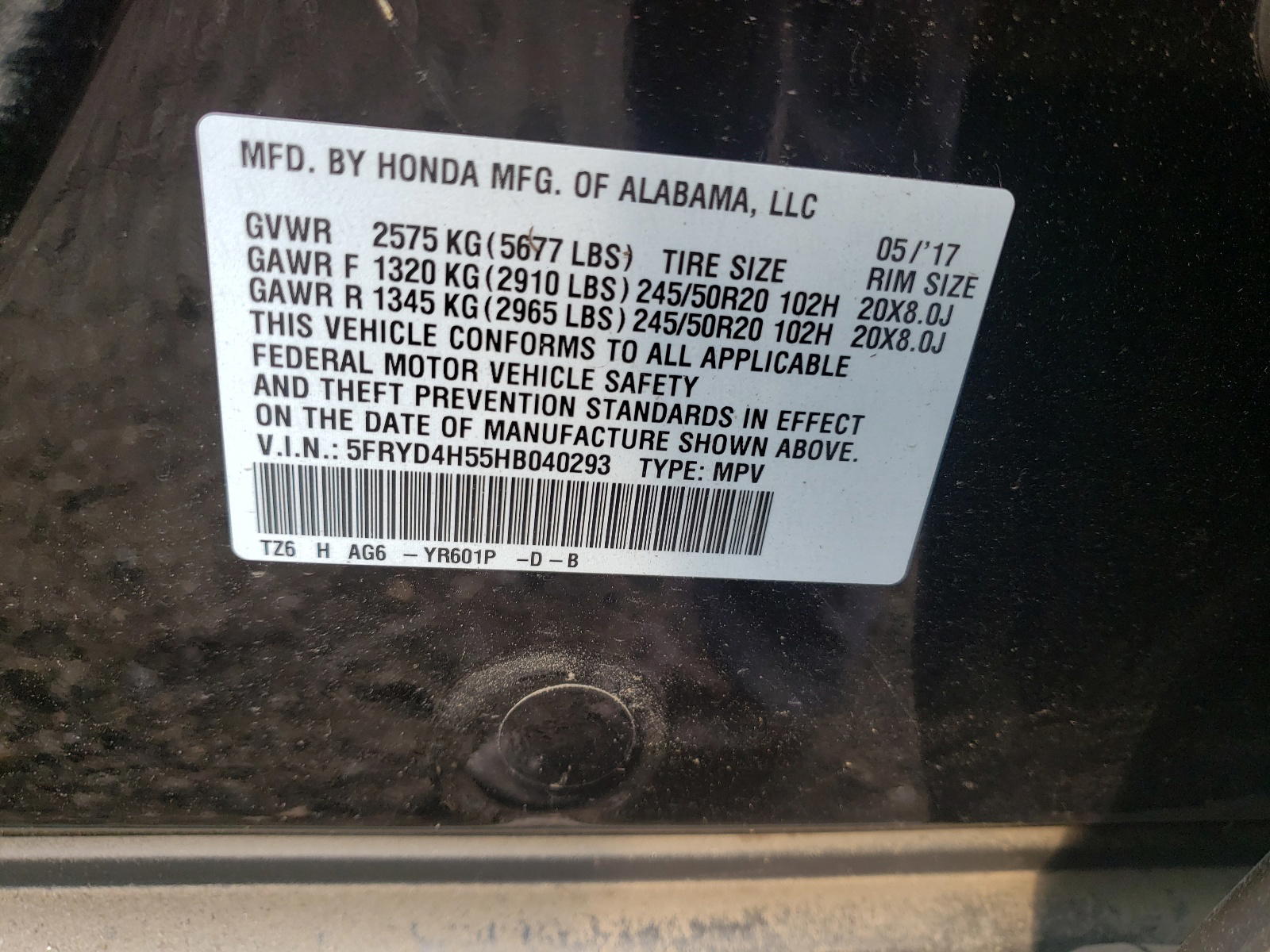 Photo 10 from auction – 2017 ACURA MDX TECHNO with VIN 5FRYD4H55HB040293