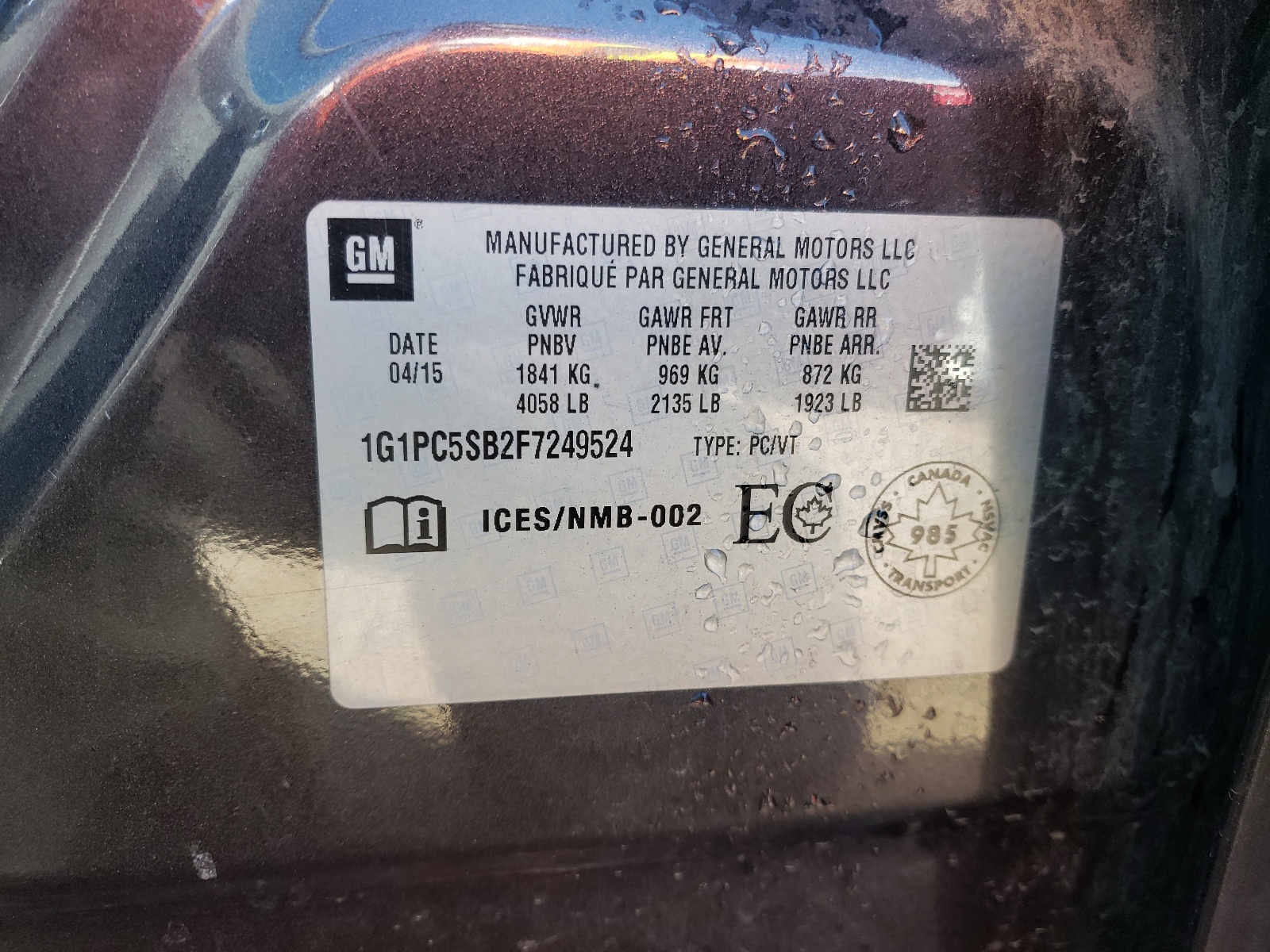 Photo 10 from auction – 2015 CHEVROLET CRUZE LT with VIN 1G1PC5SB2F7249524