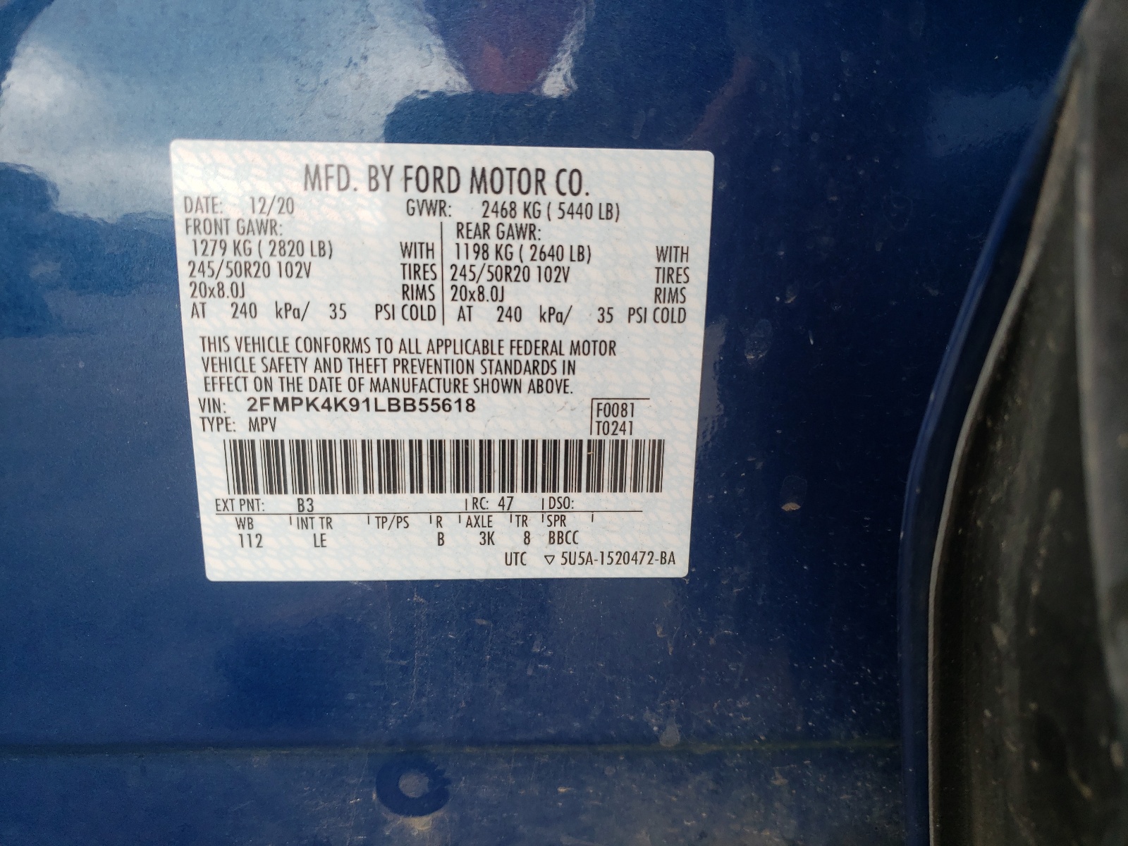 Photo 10 from auction – 2020 FORD EDGE TITAN with VIN 2FMPK4K91LBB55618