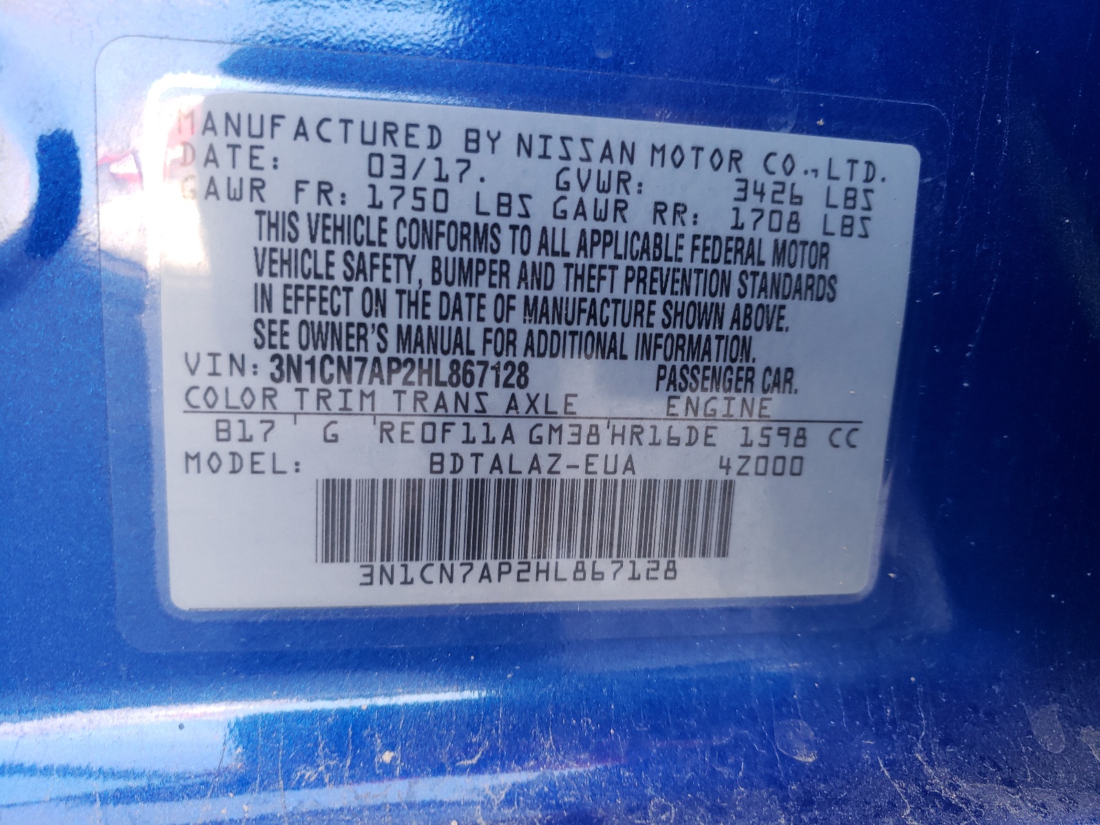 Photo 10 from auction – 2017 NISSAN VERSA S with VIN 3N1CN7AP2HL867128