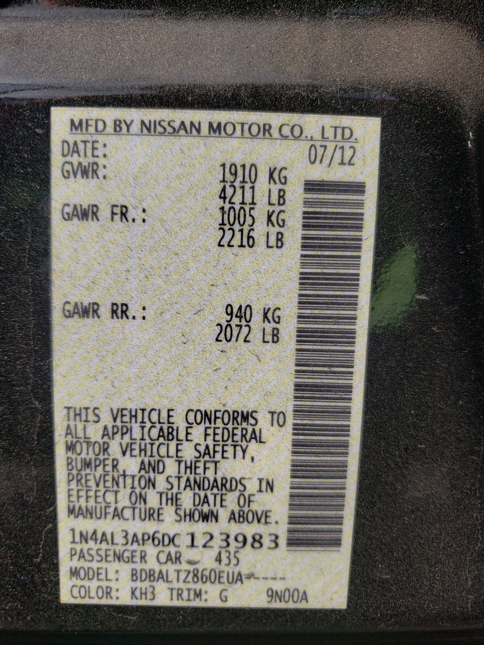 Photo 10 from auction – 2013 NISSAN ALTIMA 2.5 with VIN 1N4AL3AP6DC123983