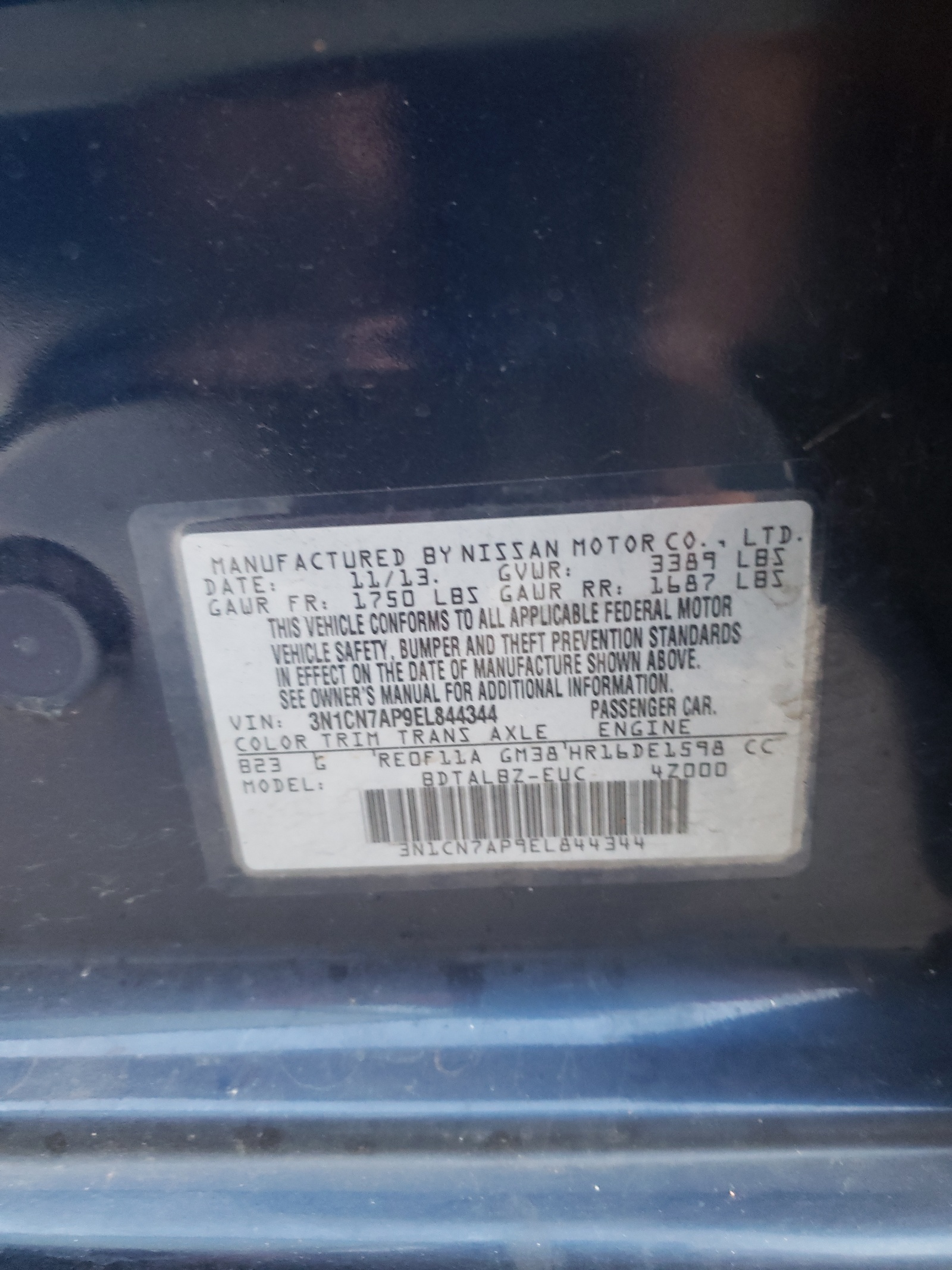 Photo 10 from auction – 2014 NISSAN VERSA S with VIN 3N1CN7AP9EL844344