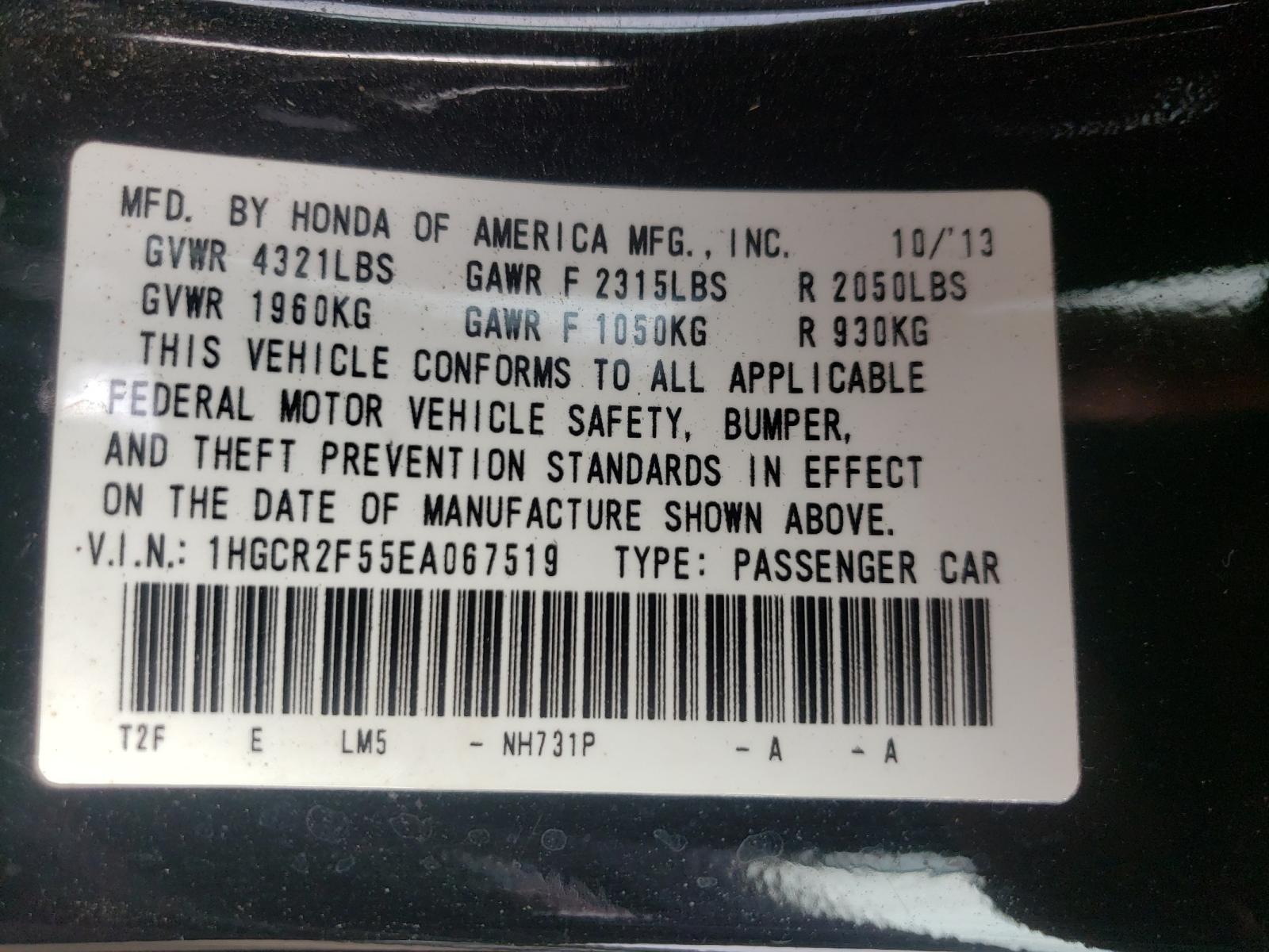 Photo 10 from auction – 2014 HONDA ACCORD SPO with VIN 1HGCR2F55EA067519
