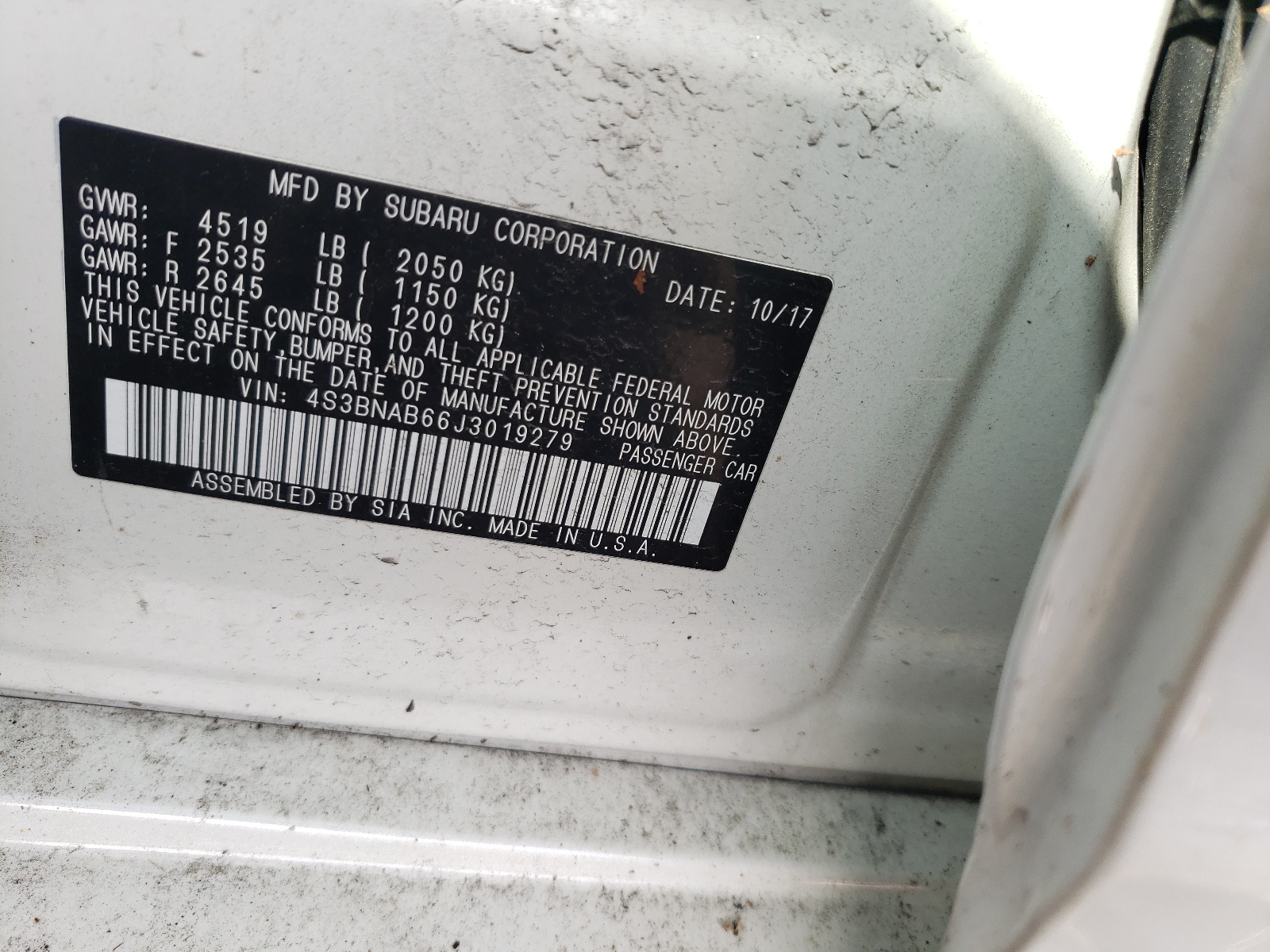 Photo 10 from auction – 2018 SUBARU LEGACY 2.5 with VIN 4S3BNAB66J3019279