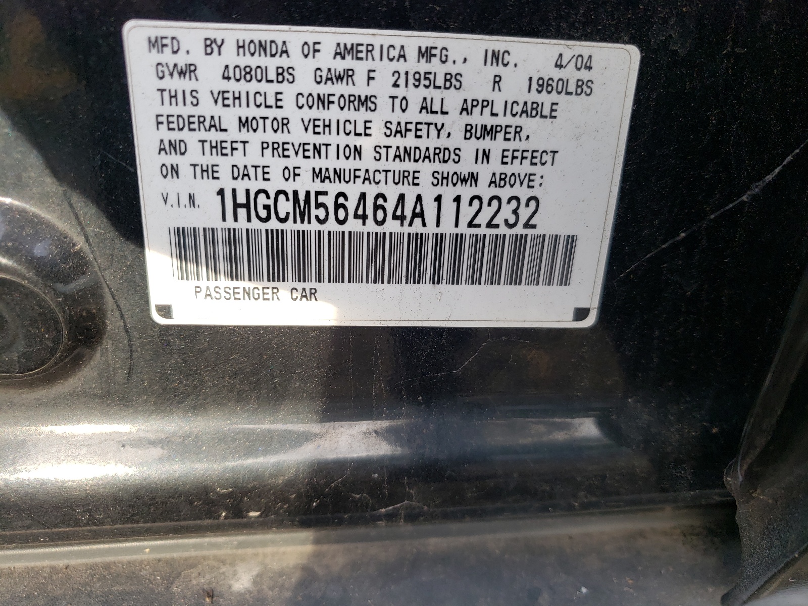 Photo 10 from auction – 2004 HONDA ACCORD with VIN 1HGCM56464A112232