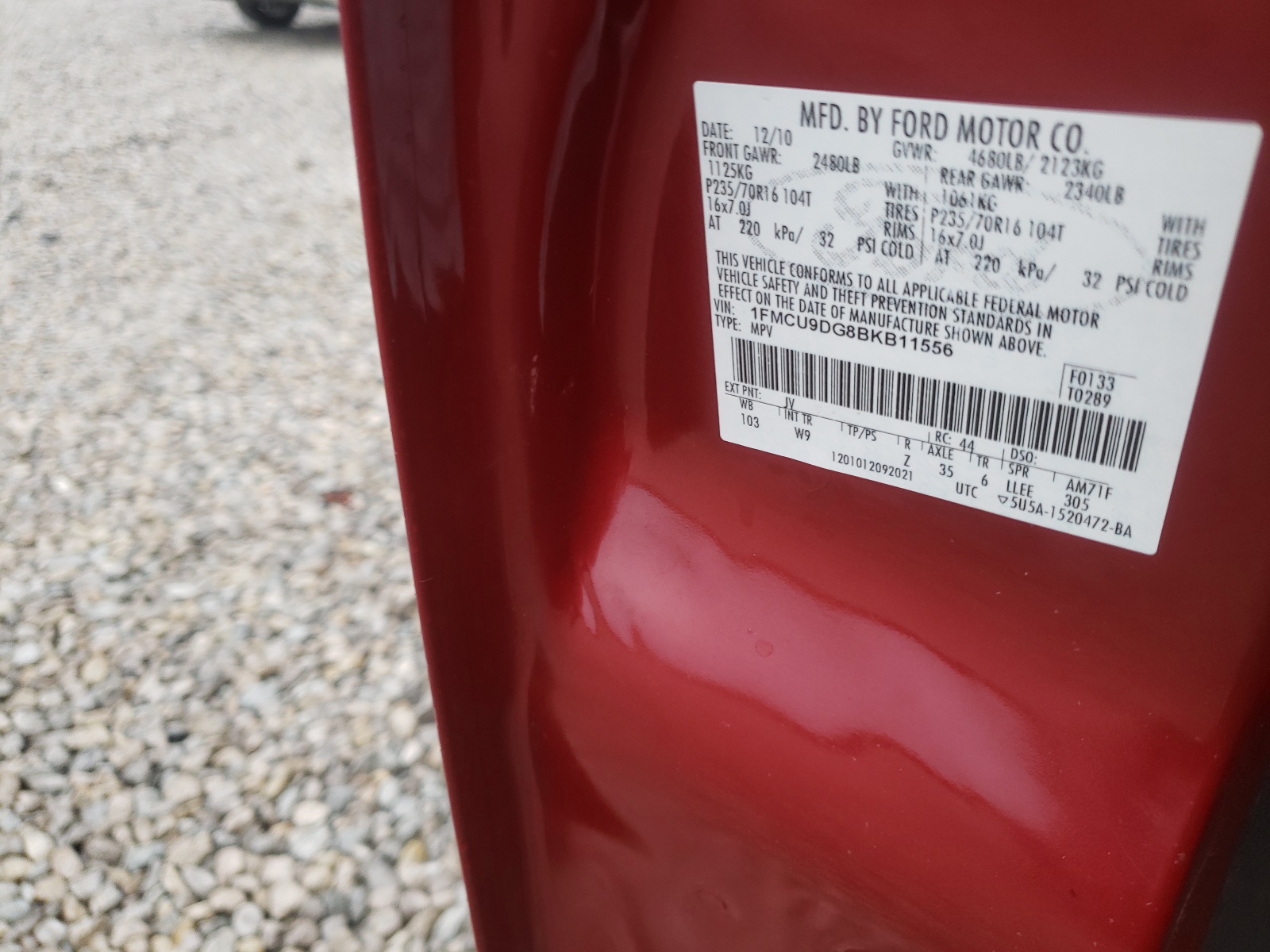 Photo 10 from auction – 2011 FORD ESCAPE XLT with VIN 1FMCU9DG8BKB11556
