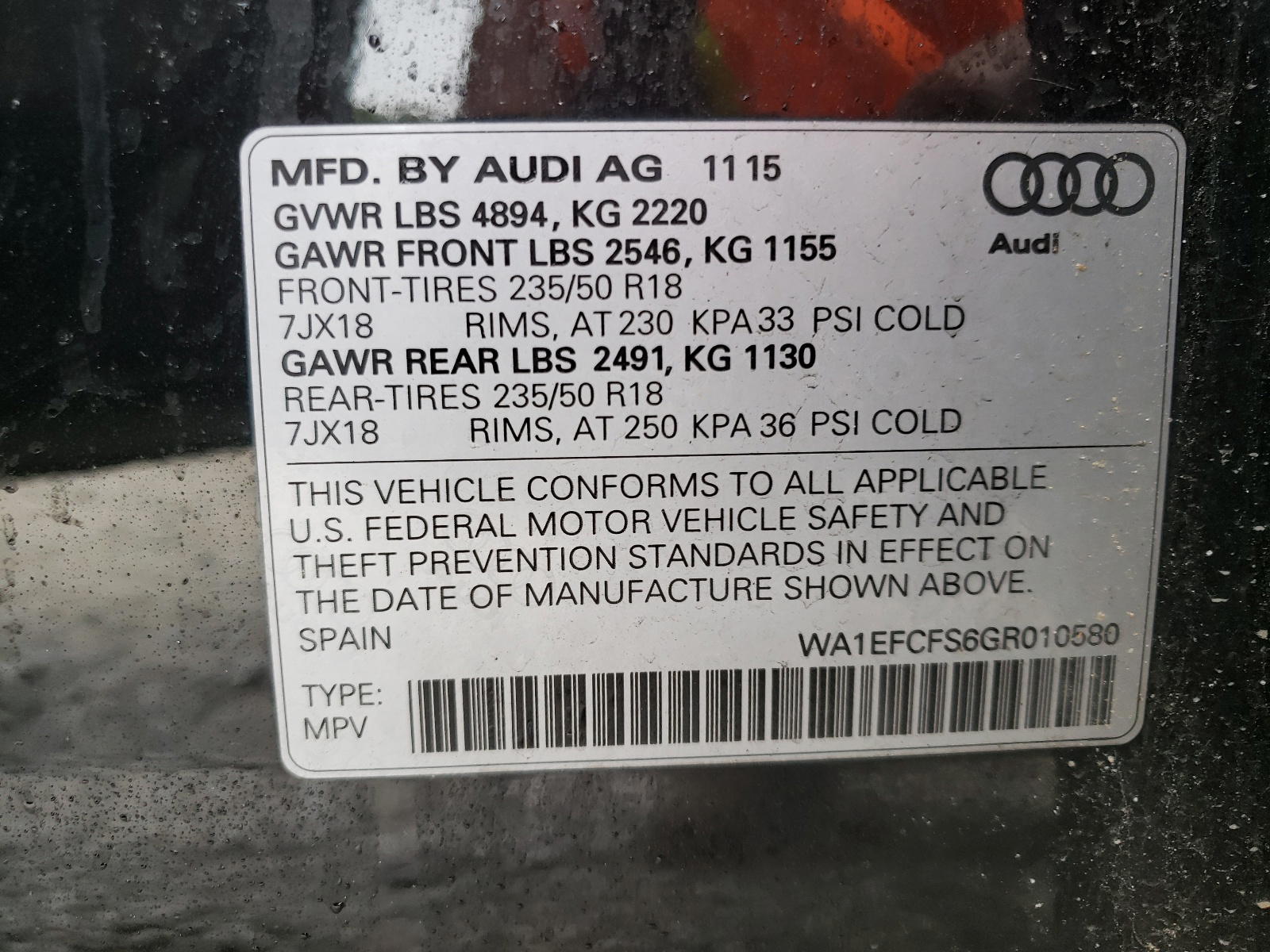 Photo 10 from auction – 2016 AUDI Q3 PREMIUM with VIN WA1EFCFS6GR010580
