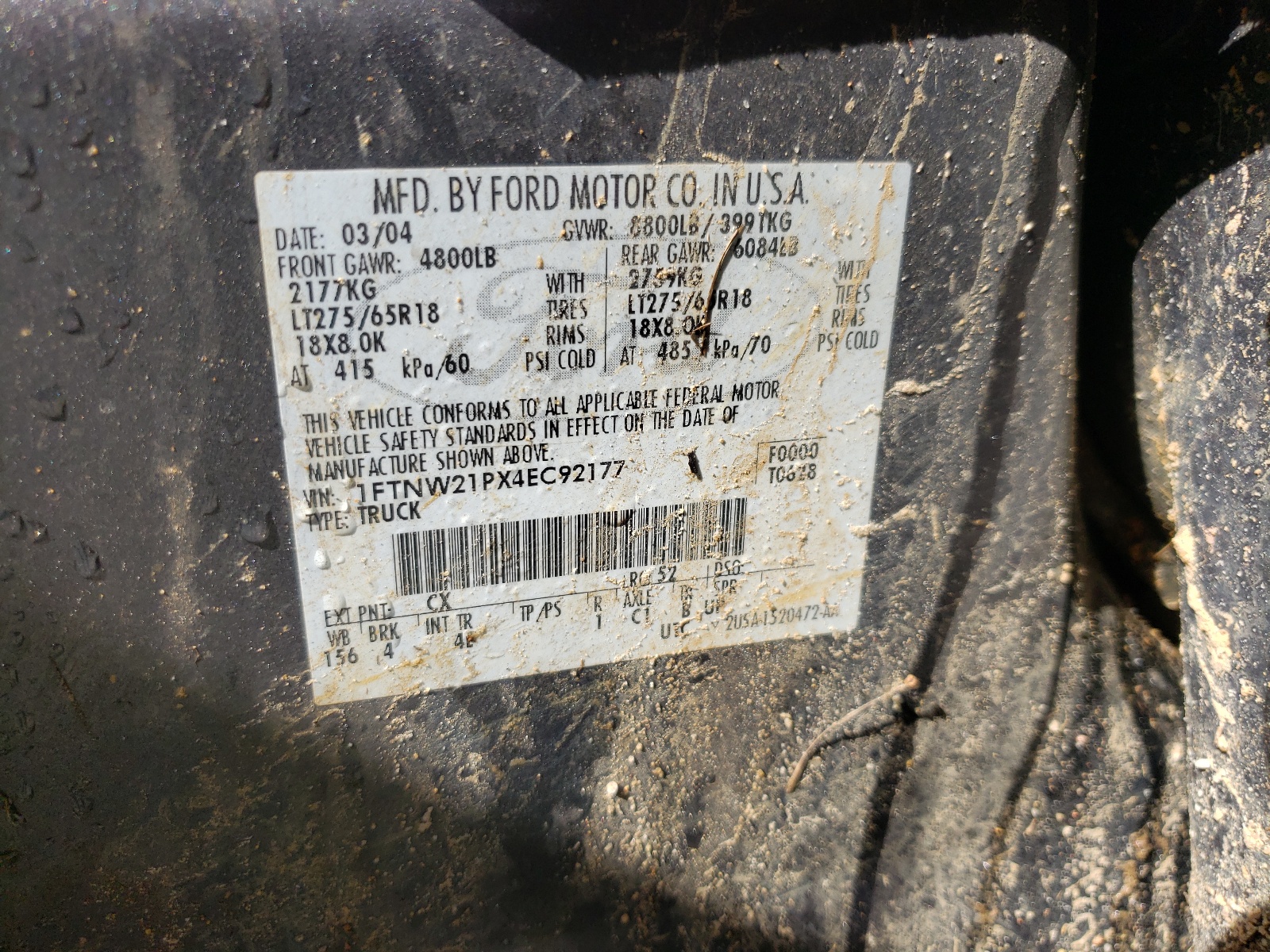 Photo 10 from auction – 2004 FORD F250 SUPER with VIN 1FTNW21PX4EC92177
