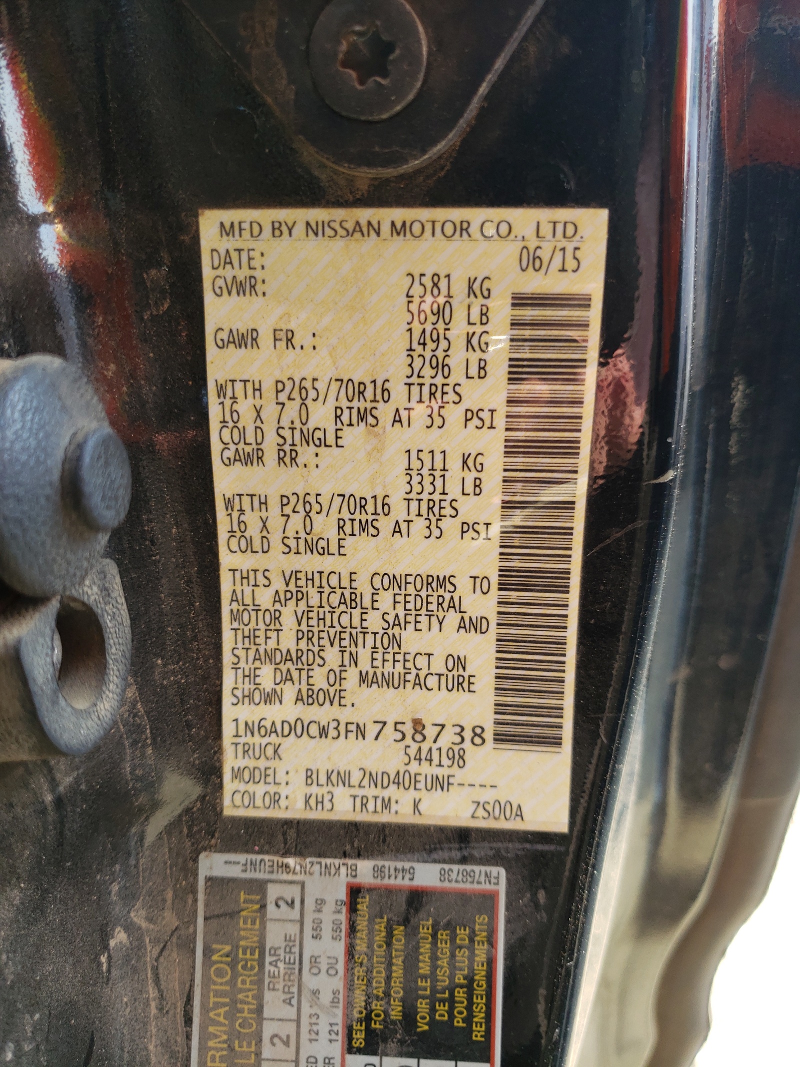 Photo 10 from auction – 2015 NISSAN FRONTIER S with VIN 1N6AD0CW3FN758738