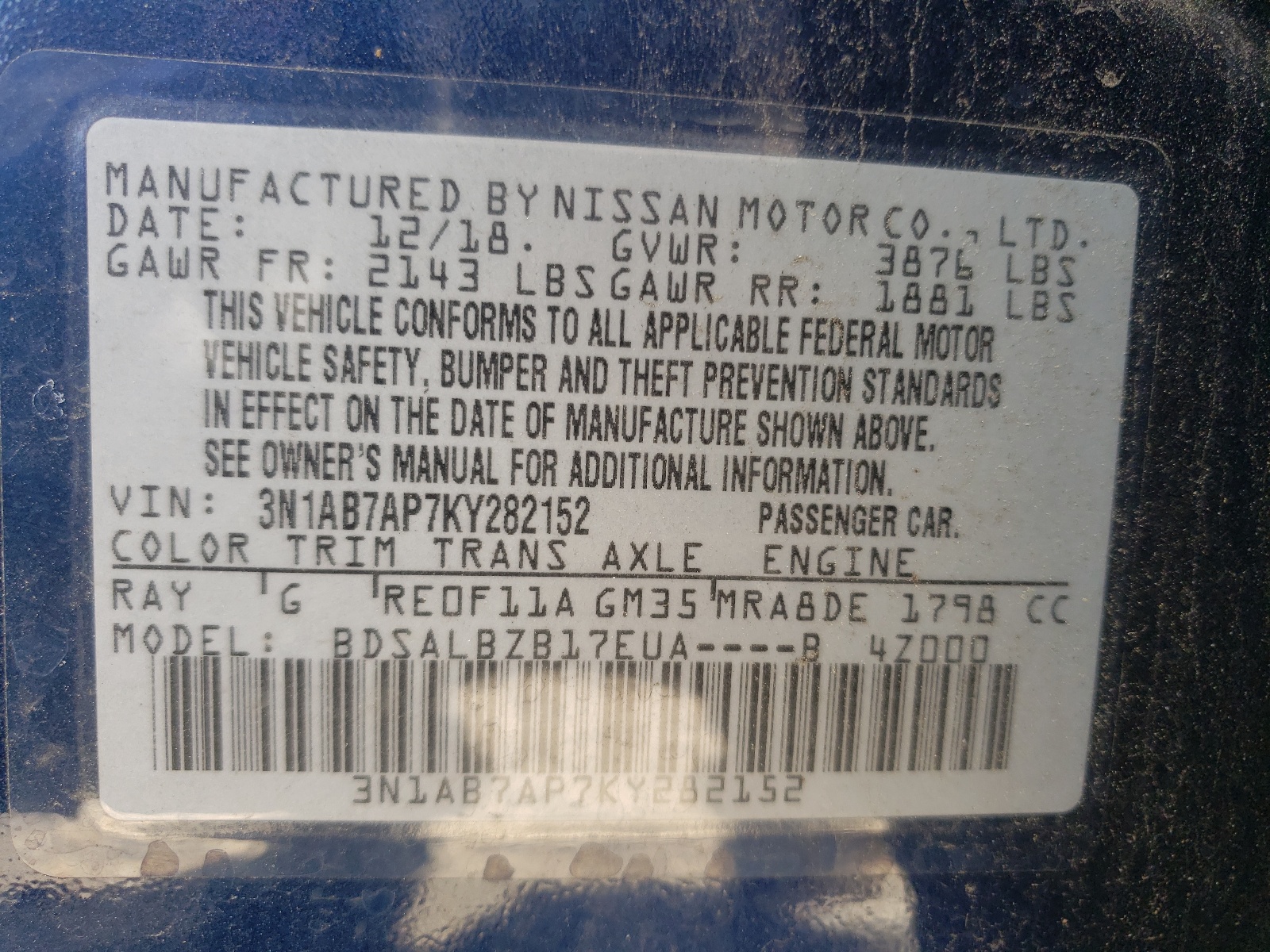 Photo 10 from auction – 2019 NISSAN SENTRA S with VIN 3N1AB7AP7KY282152