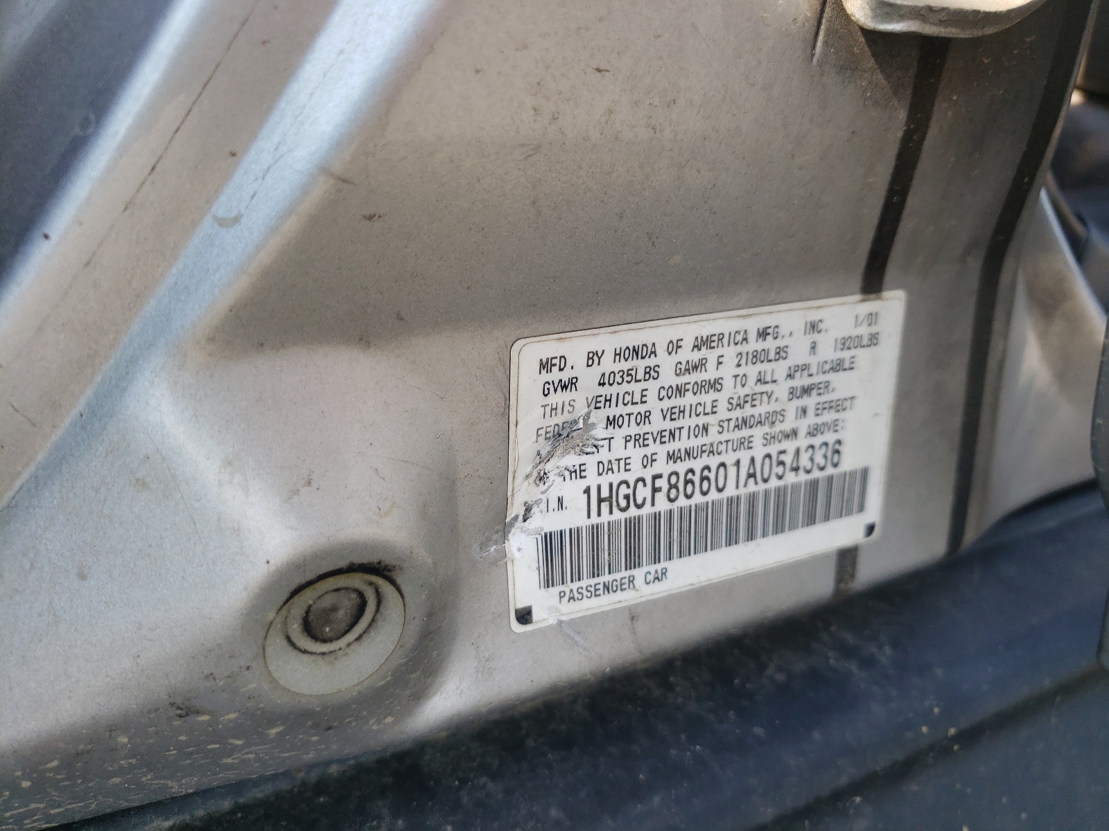 Photo 10 from auction – 2001 HONDA ACCORD VAL with VIN 1HGCF86601A054336
