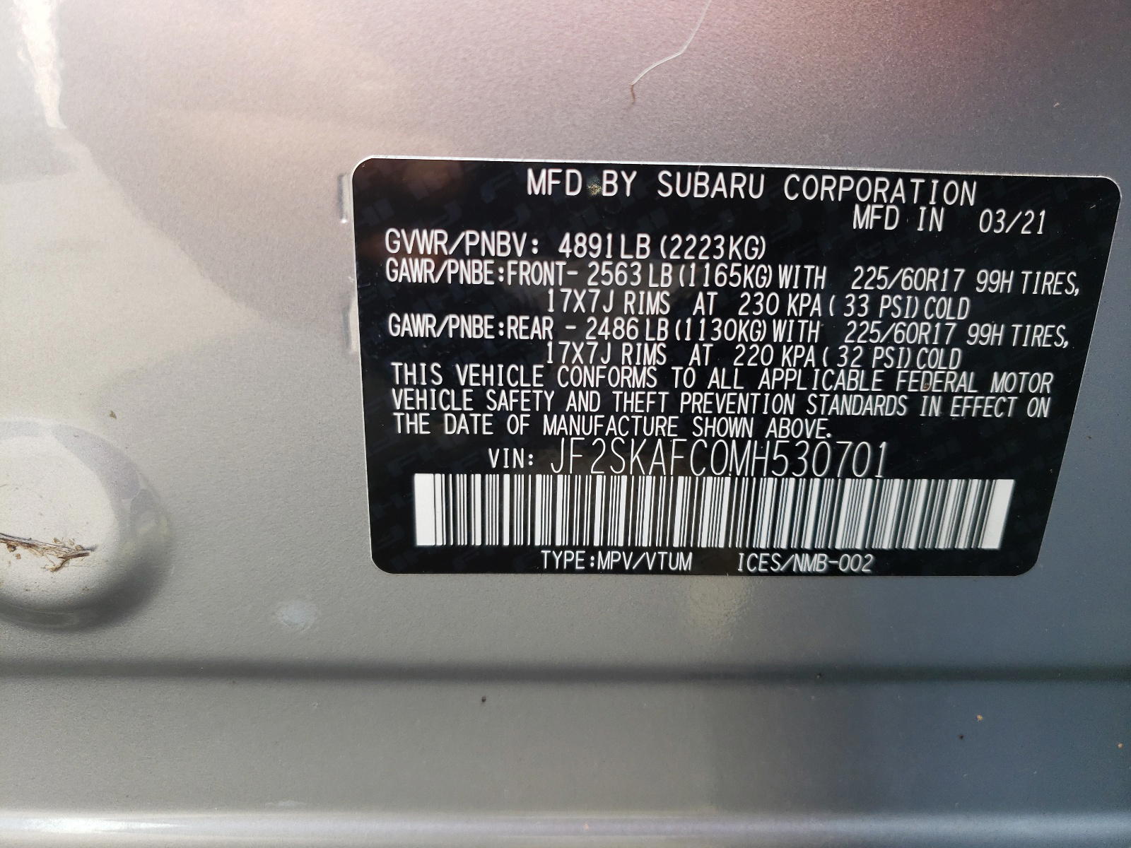 Photo 10 from auction – 2021 SUBARU FORESTER P with VIN JF2SKAFC0MH530701