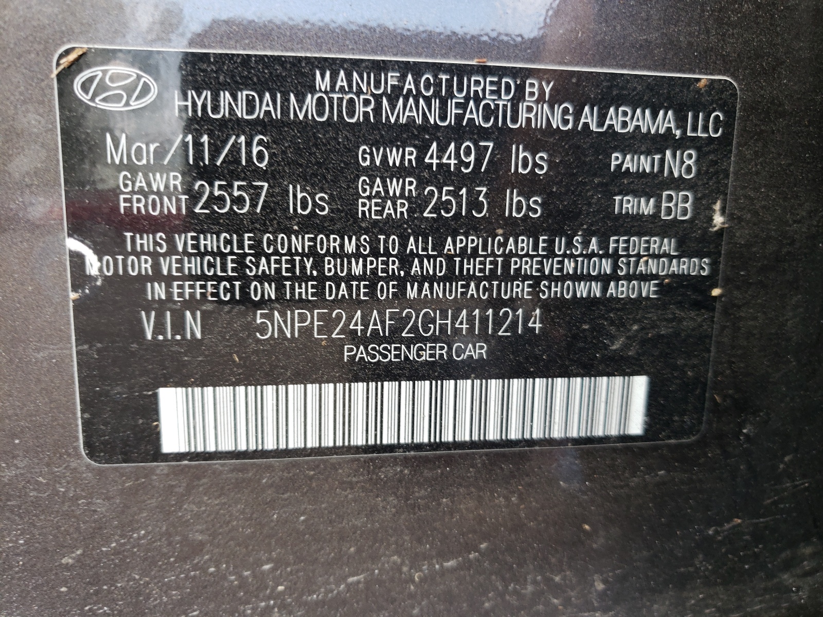 Photo 10 from auction – 2016 HYUNDAI SONATA SE with VIN 5NPE24AF2GH411214