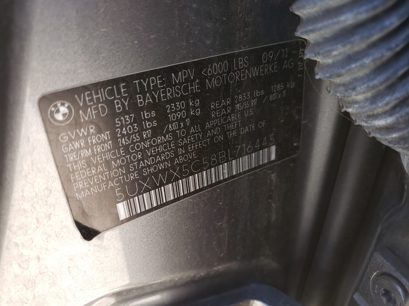 Photo 10 from auction – 2011 BMW X3 XDRIVE2 with VIN 5UXWX5C58BL716445