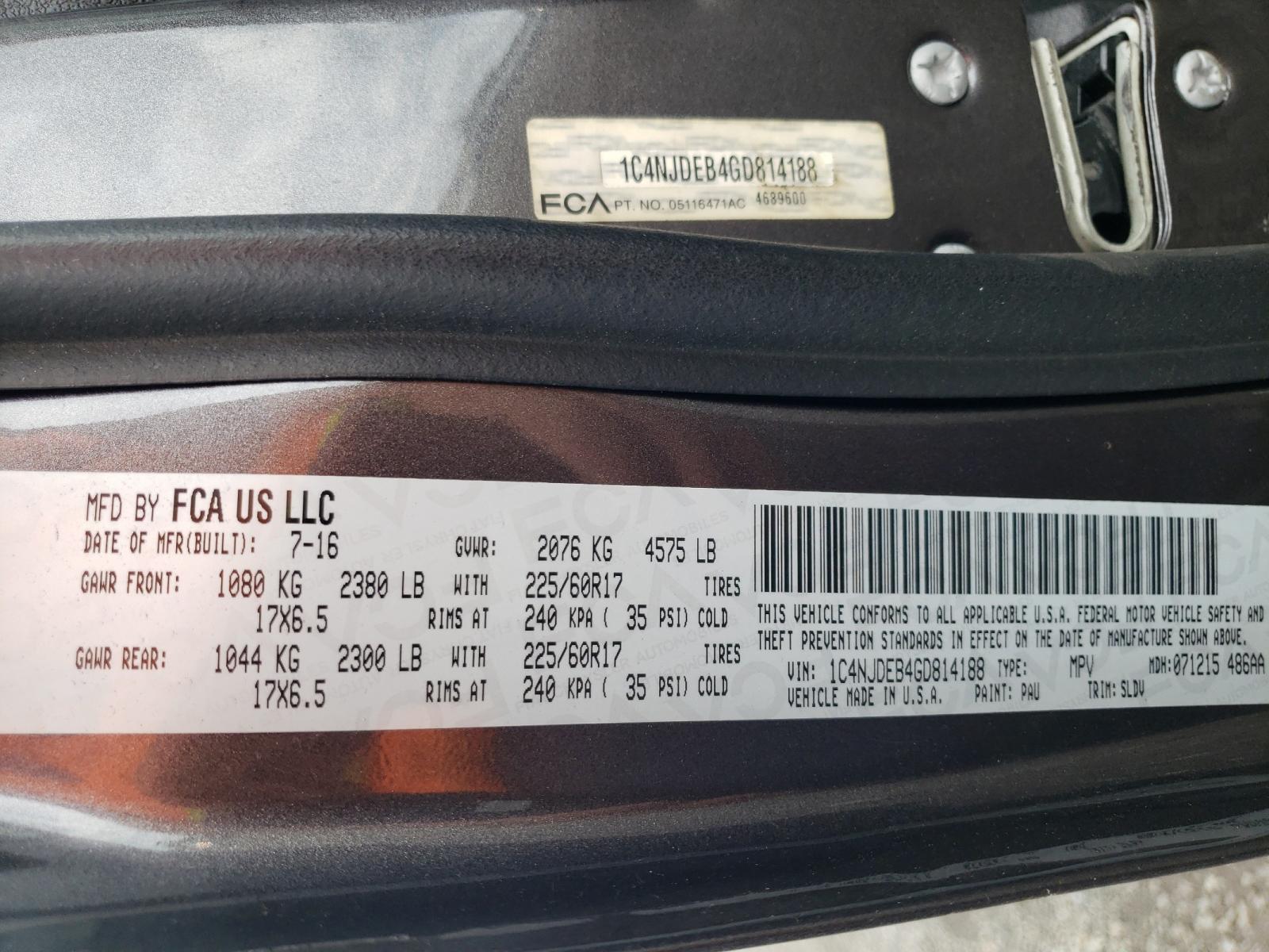 Photo 10 from auction – 2016 JEEP COMPASS LA with VIN 1C4NJDEB4GD814188
