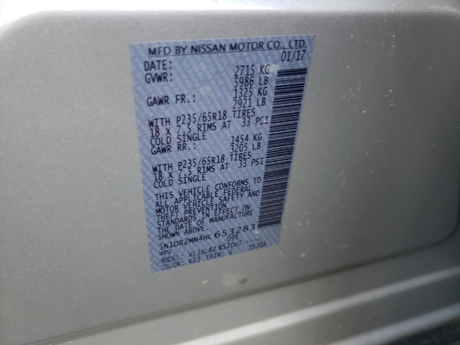 Photo 10 from auction – 2017 NISSAN PATHFINDER with VIN 5N1DR2MN4HC653283