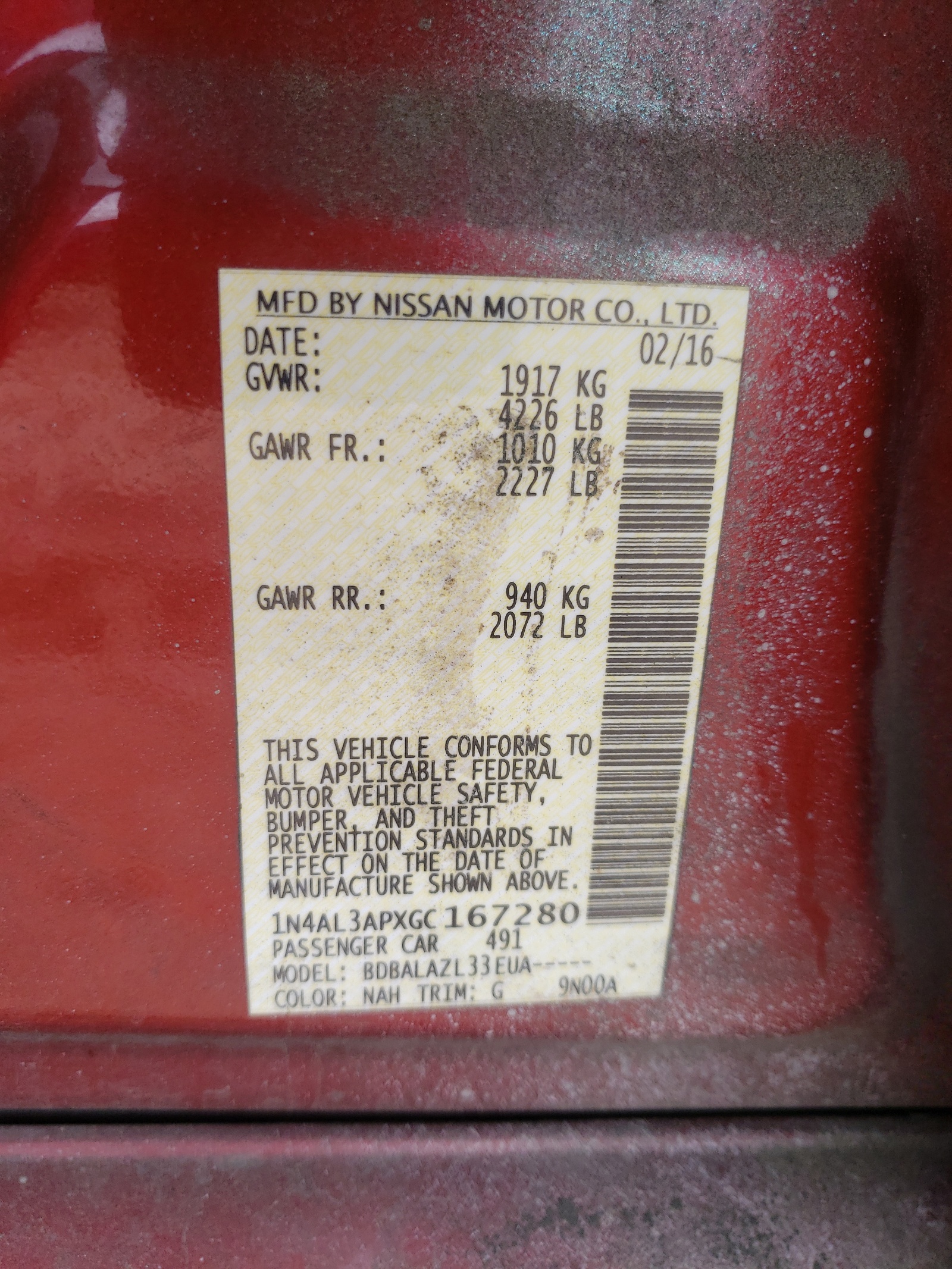 Photo 10 from auction – 2016 NISSAN ALTIMA 2.5 with VIN 1N4AL3APXGC167280