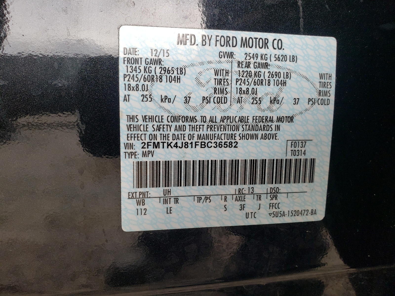 Photo 10 from auction – 2015 FORD EDGE SEL with VIN 2FMTK4J81FBC36582