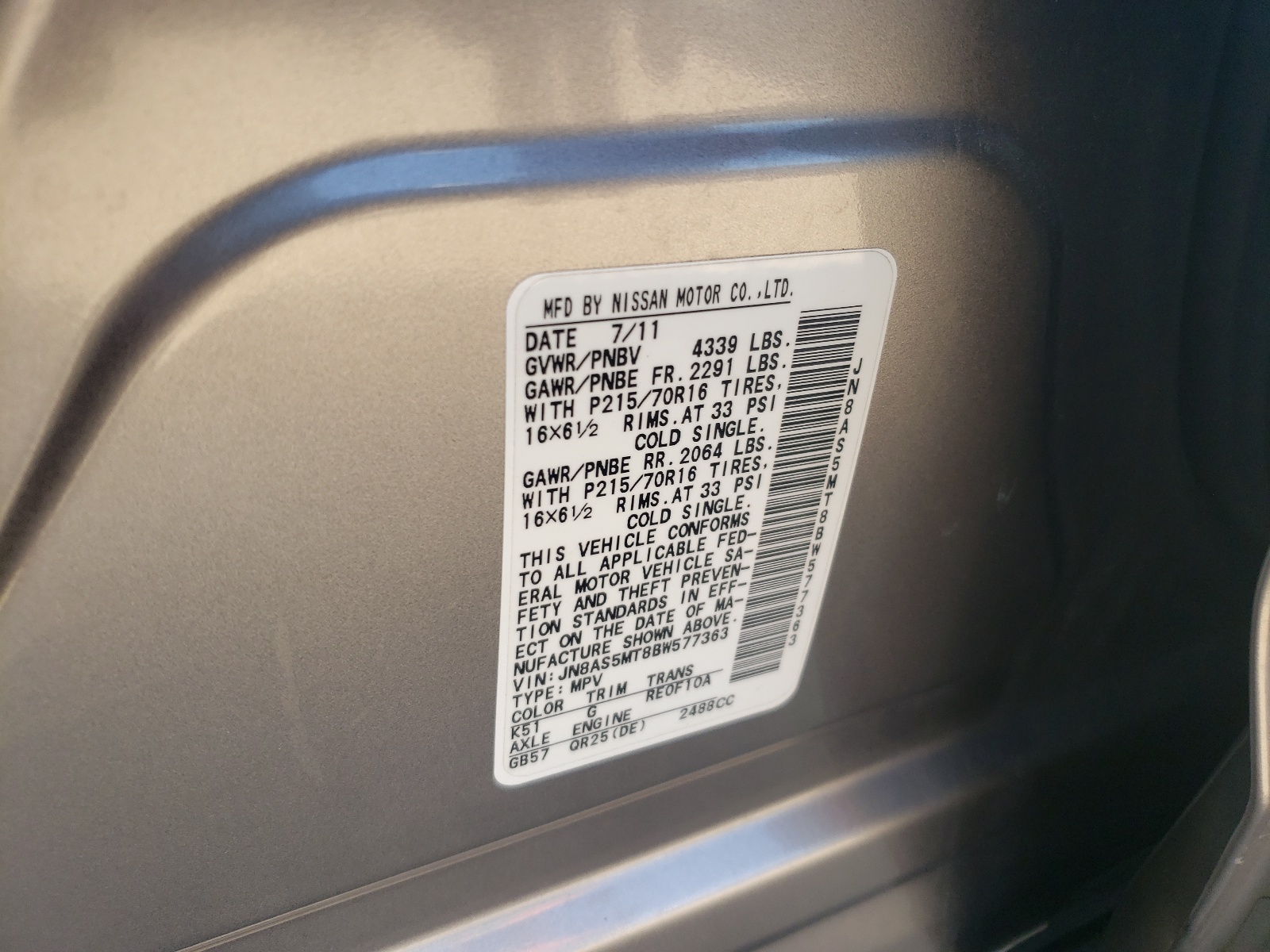 Photo 10 from auction – 2011 NISSAN ROGUE S with VIN JN8AS5MT8BW577363