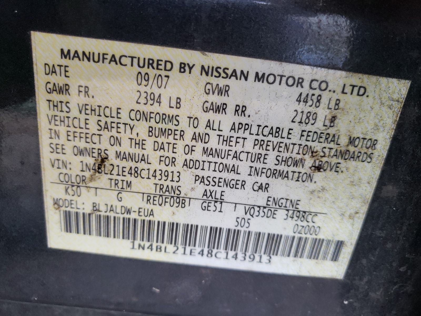 Photo 10 from auction – 2008 NISSAN ALTIMA 3.5 with VIN 1N4BL21E48C143913