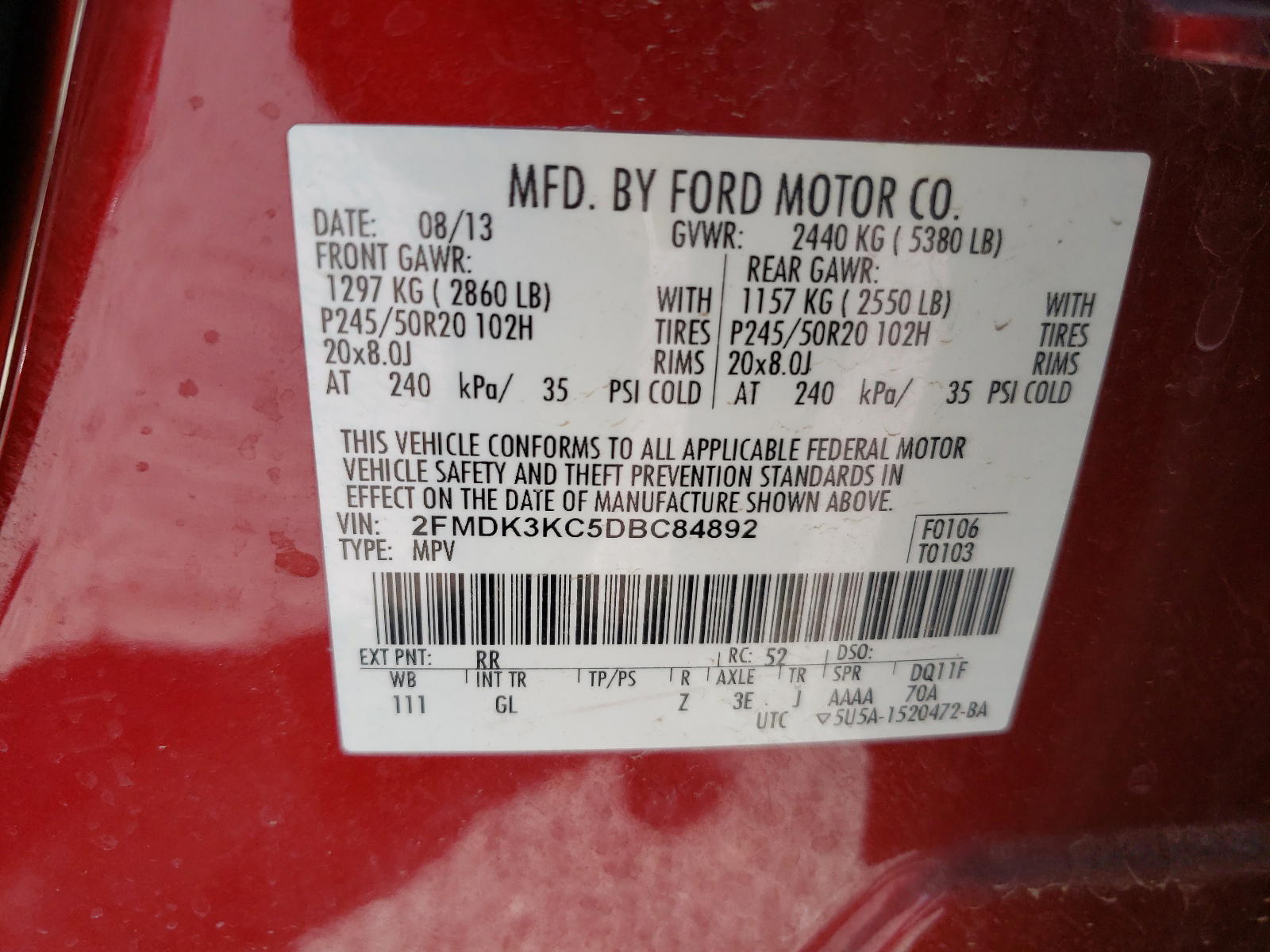 Photo 10 from auction – 2013 FORD EDGE LIMIT with VIN 2FMDK3KC5DBC84892
