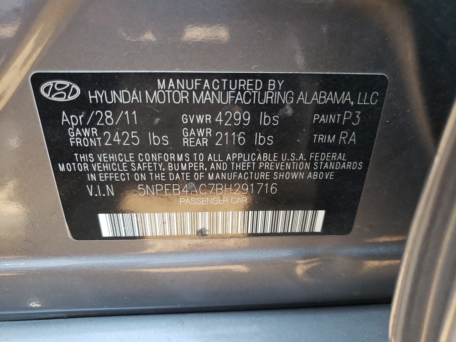 Photo 10 from auction – 2011 HYUNDAI SONATA GLS with VIN 5NPEB4AC7BH291716