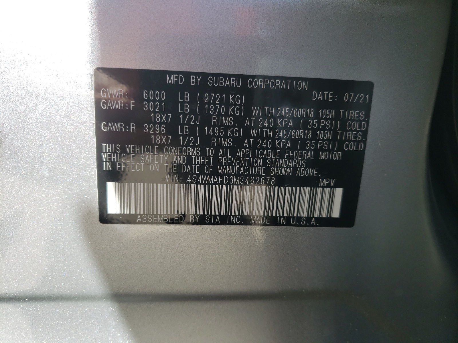 Photo 10 from auction – 2021 SUBARU ASCENT PRE with VIN 4S4WMAFD3M3462678