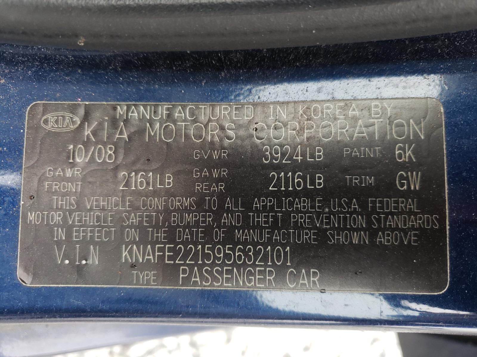 Photo 10 from auction – 2009 KIA SPECTRA EX with VIN KNAFE221595632101