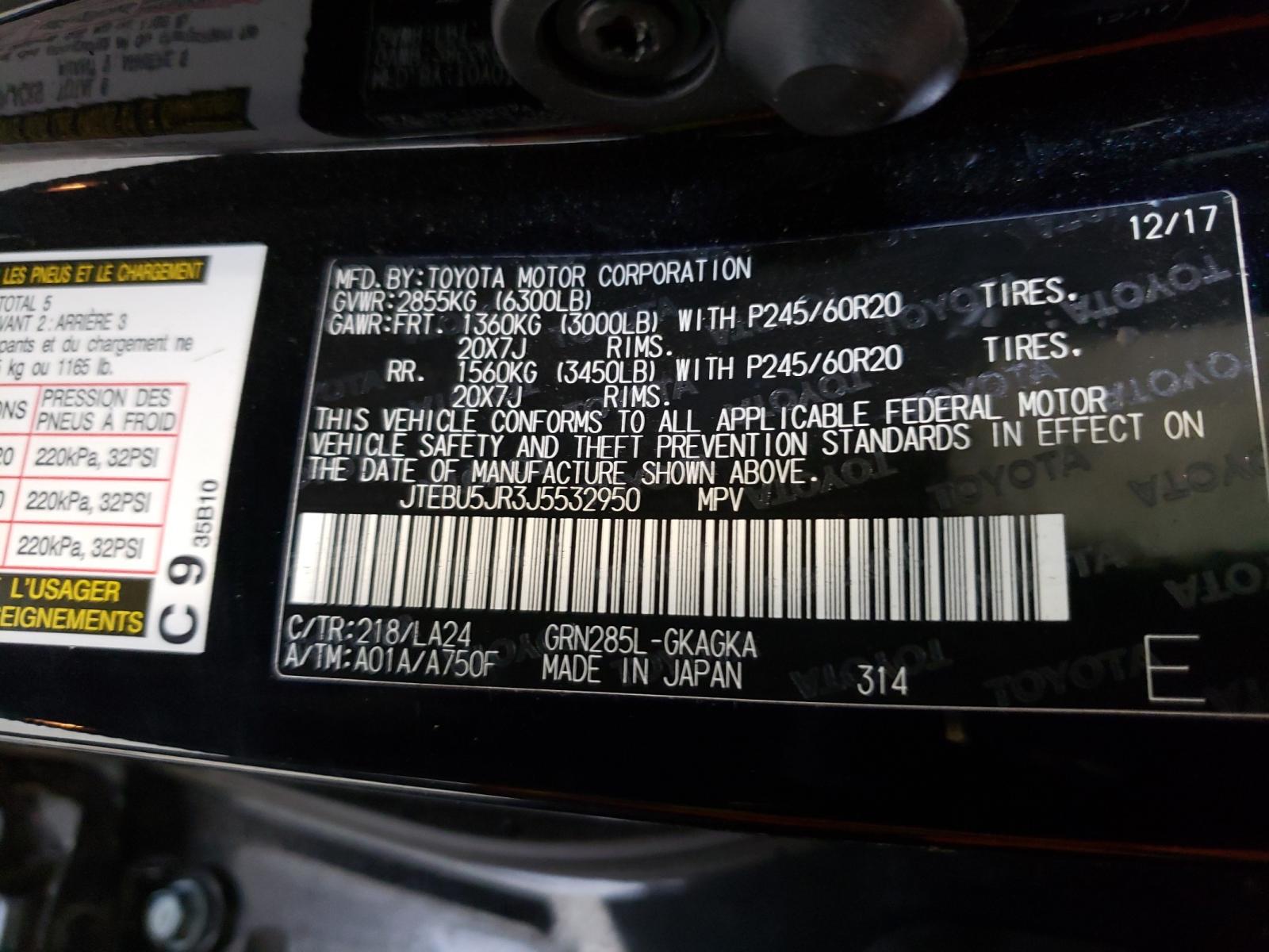 Photo 10 from auction – 2018 TOYOTA 4RUNNER SR with VIN JTEBU5JR3J5532950