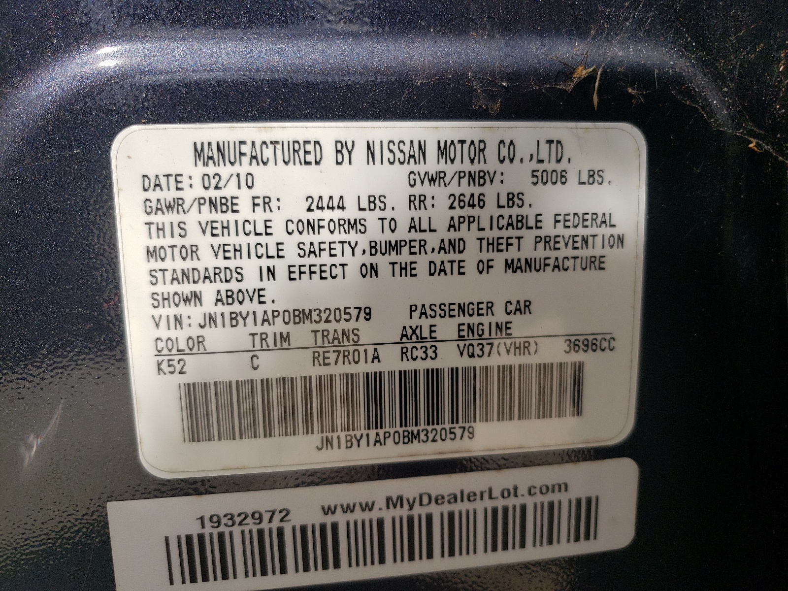 Photo 10 from auction – 2011 INFINITI M37 with VIN JN1BY1AP0BM320579