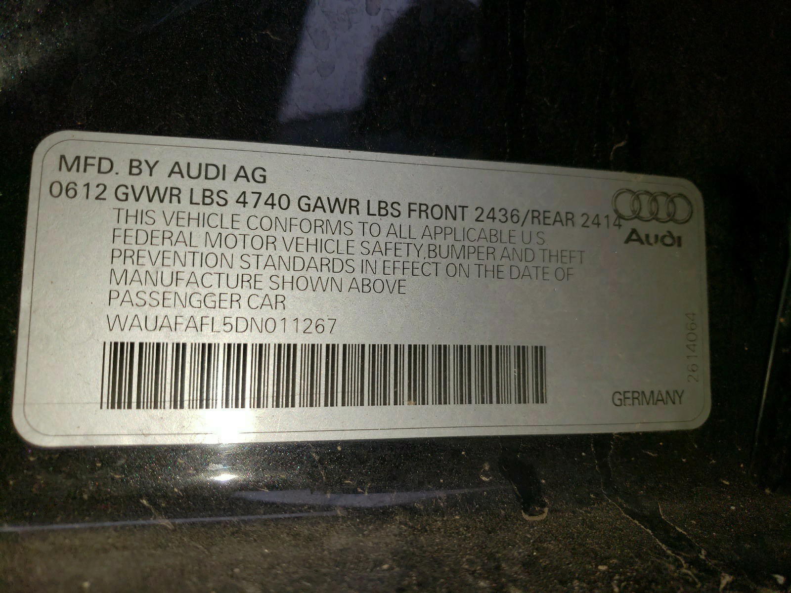 Photo 10 from auction – 2013 AUDI A4 PREMIUM with VIN WAUAFAFL5DN011267