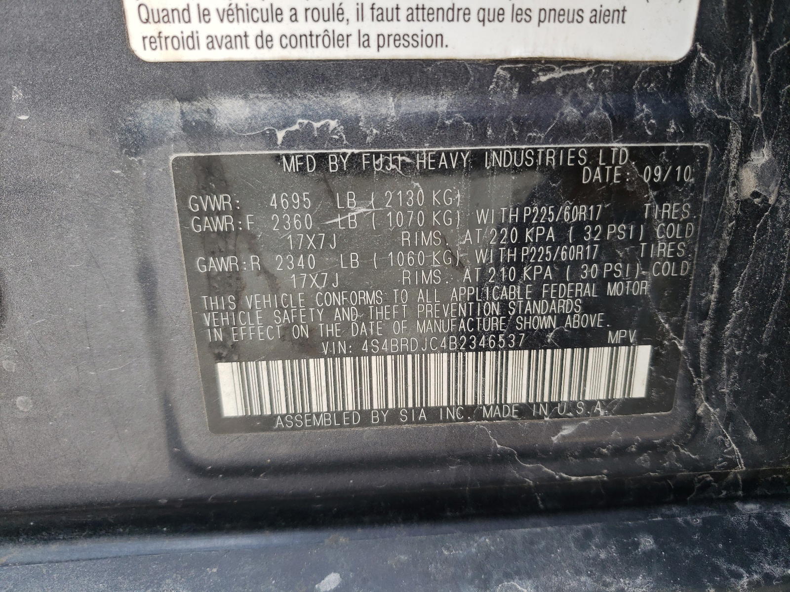 Photo 10 from auction – 2011 SUBARU OUTBACK 3. with VIN 4S4BRDJC4B2346537
