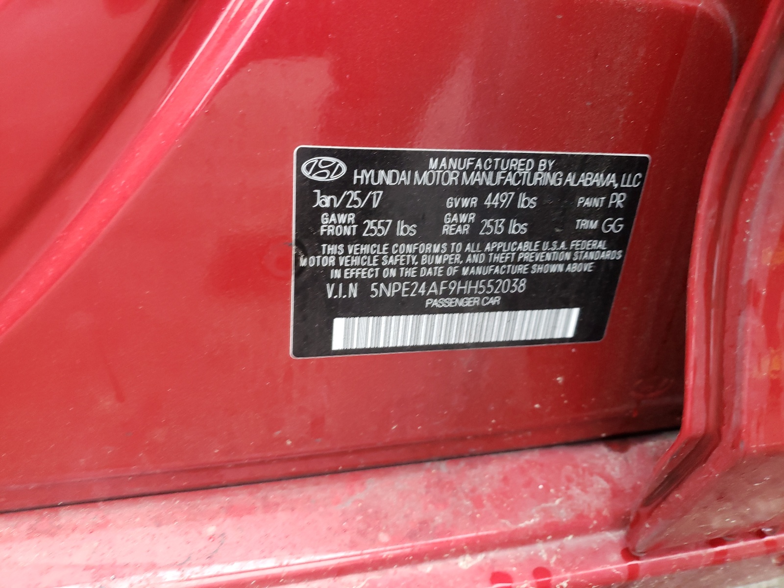 Photo 10 from auction – 2017 HYUNDAI SONATA SE with VIN 5NPE24AF9HH552038
