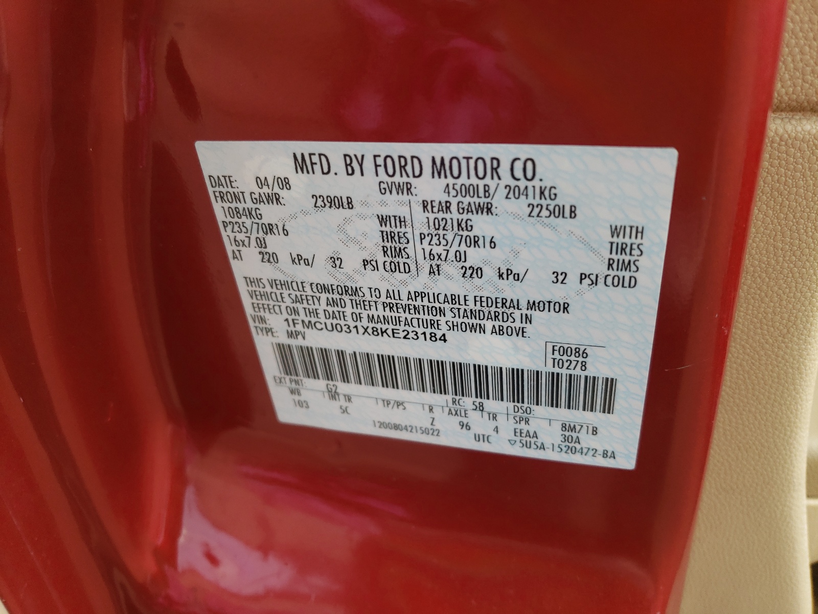 Photo 10 from auction – 2008 FORD ESCAPE XLT with VIN 1FMCU031X8KE23184