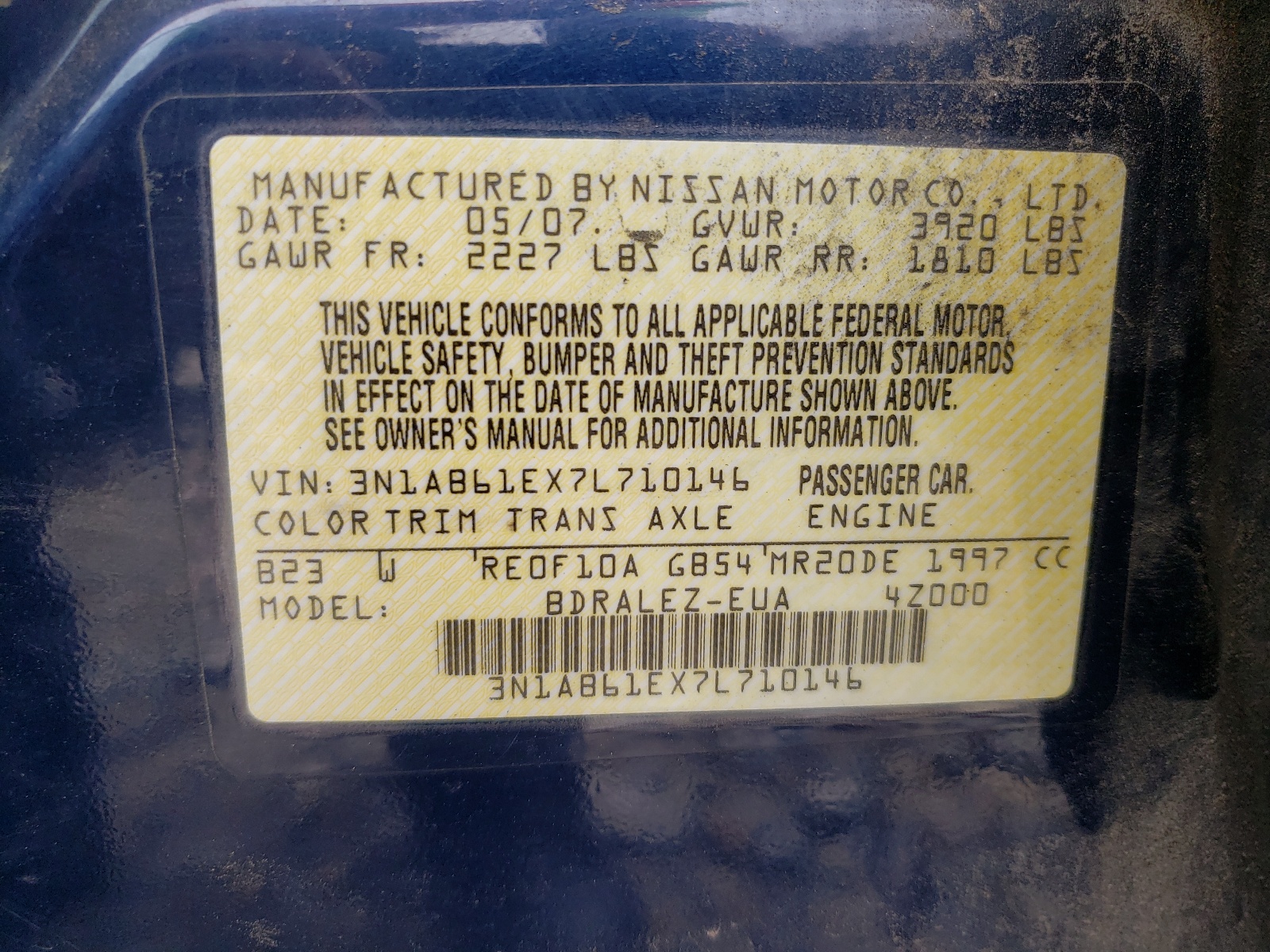 Photo 10 from auction – 2007 NISSAN SENTRA 2.0 with VIN 3N1AB61EX7L710146
