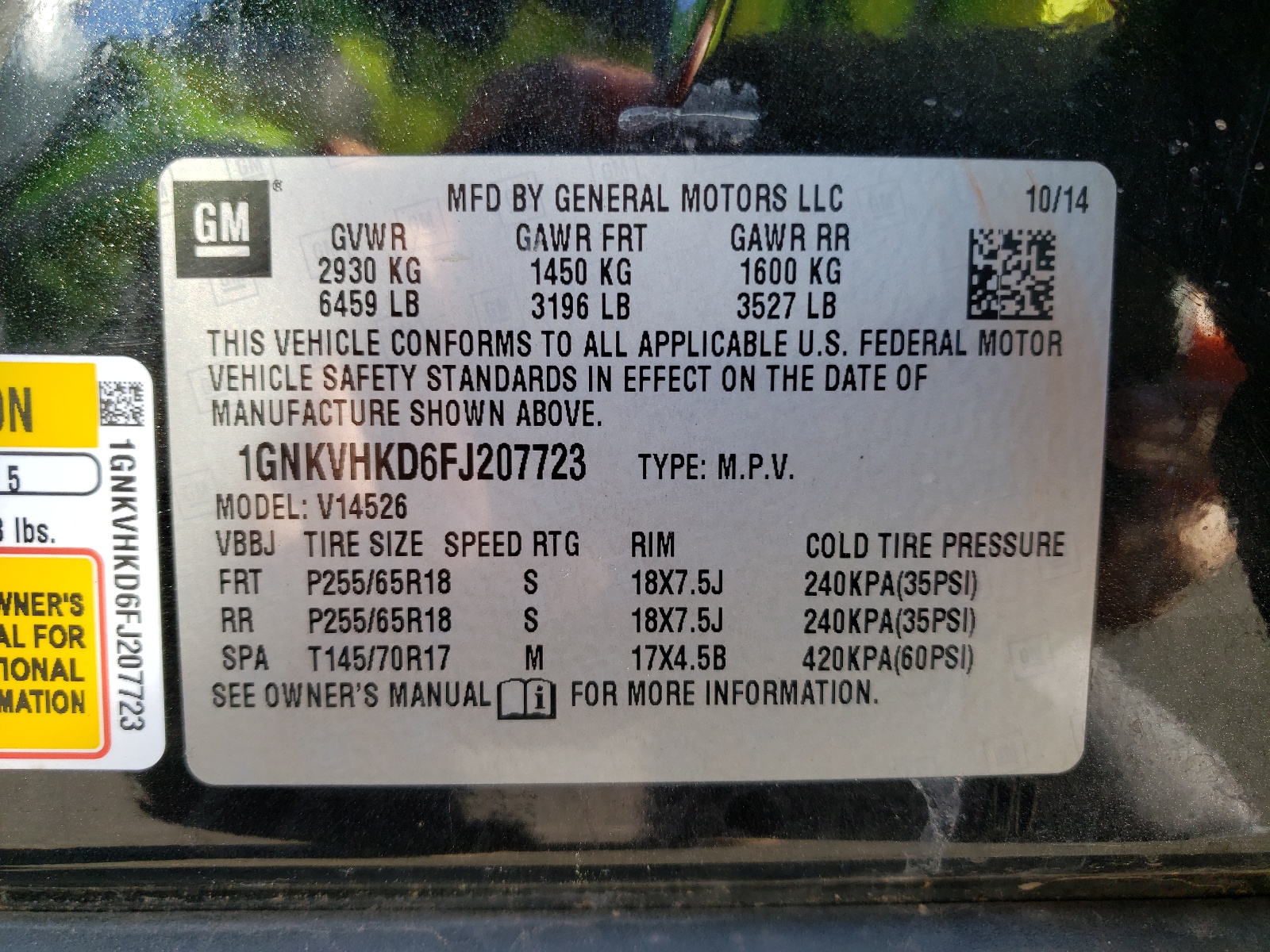 Photo 10 from auction – 2015 CHEVROLET TRAVERSE L with VIN 1GNKVHKD6FJ207723