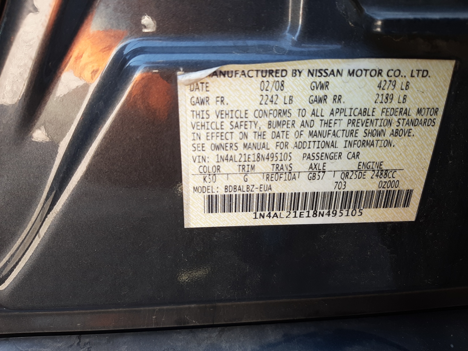 Photo 10 from auction – 2008 NISSAN ALTIMA 2.5 with VIN 1N4AL21E18N495105