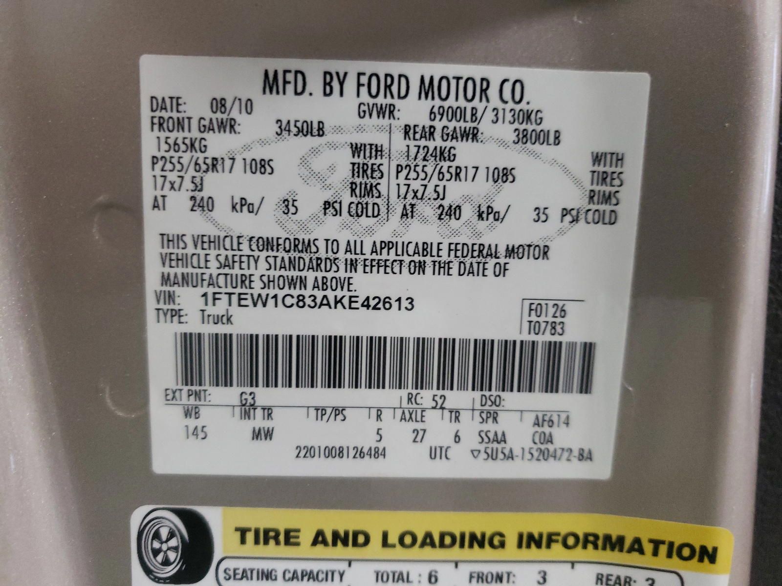 Photo 10 from auction – 2010 FORD F150 SUPER with VIN 1FTEW1C83AKE42613