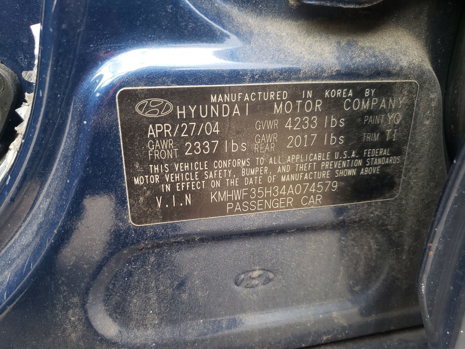 Photo 10 from auction – 2004 HYUNDAI SONATA with VIN KMHWF35H34A074579