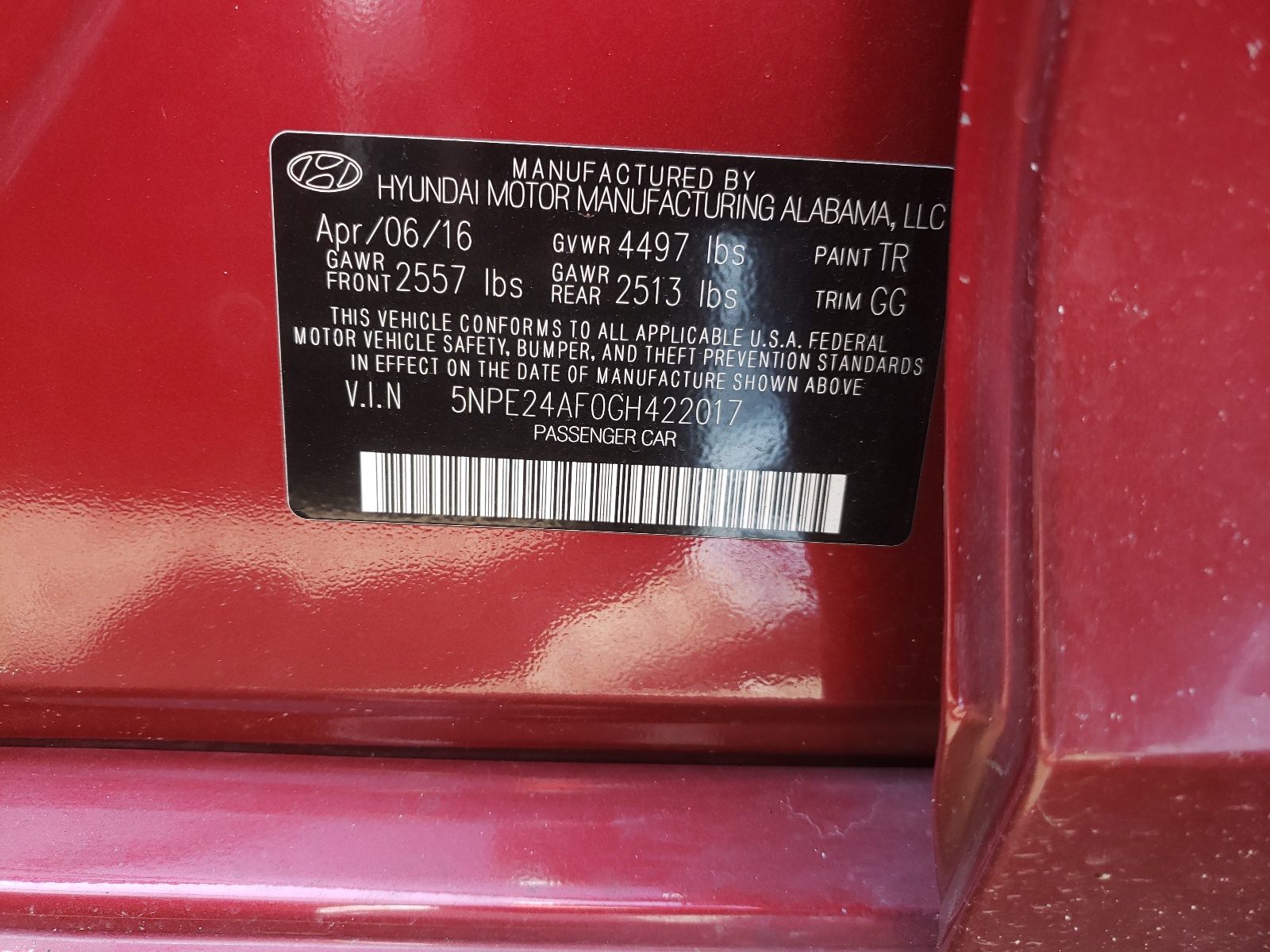 Photo 10 from auction – 2016 HYUNDAI SONATA SE with VIN 5NPE24AF0GH422017