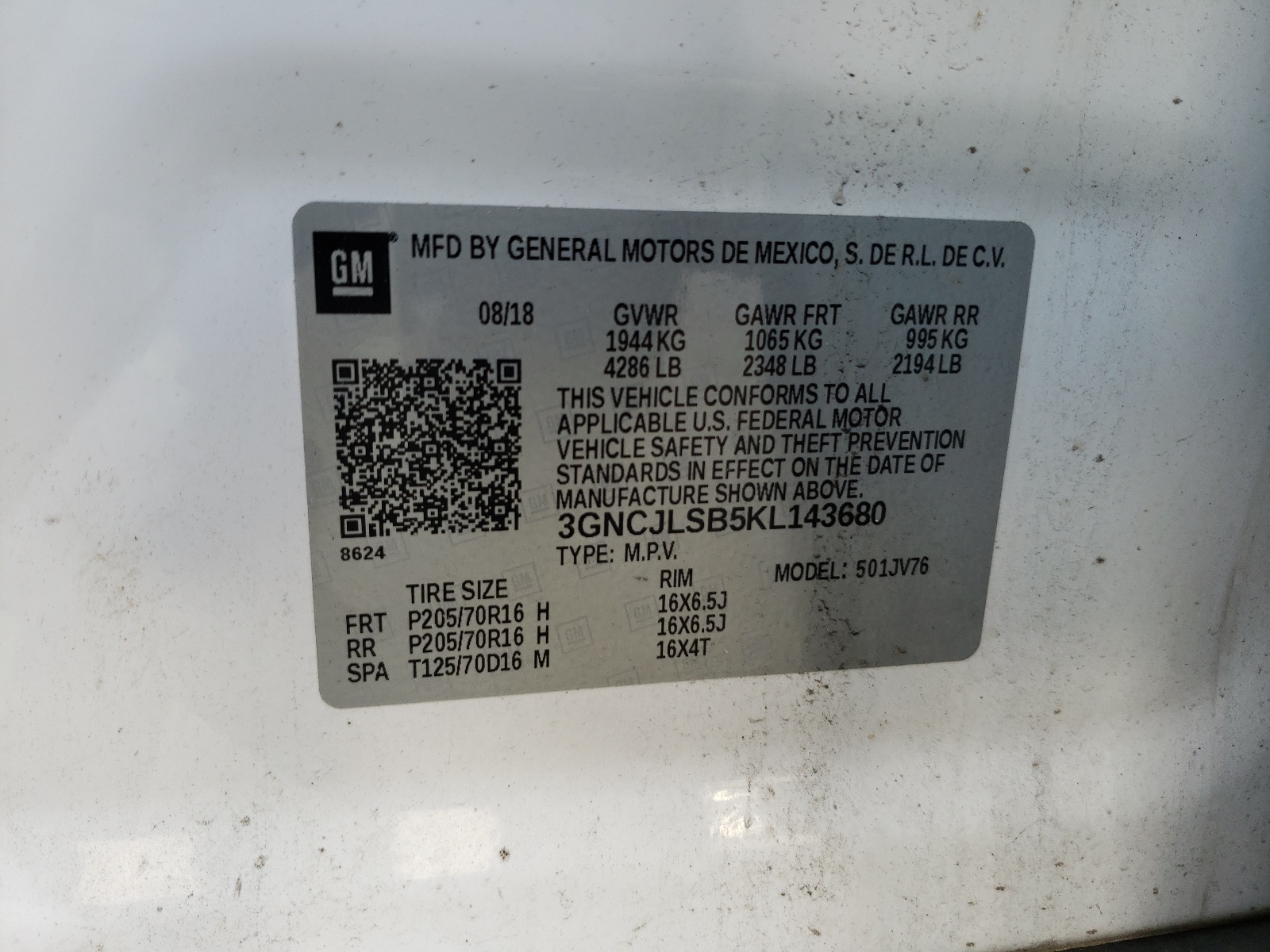 Photo 10 from auction – 2019 CHEVROLET TRAX 1LT with VIN 3GNCJLSB5KL143680