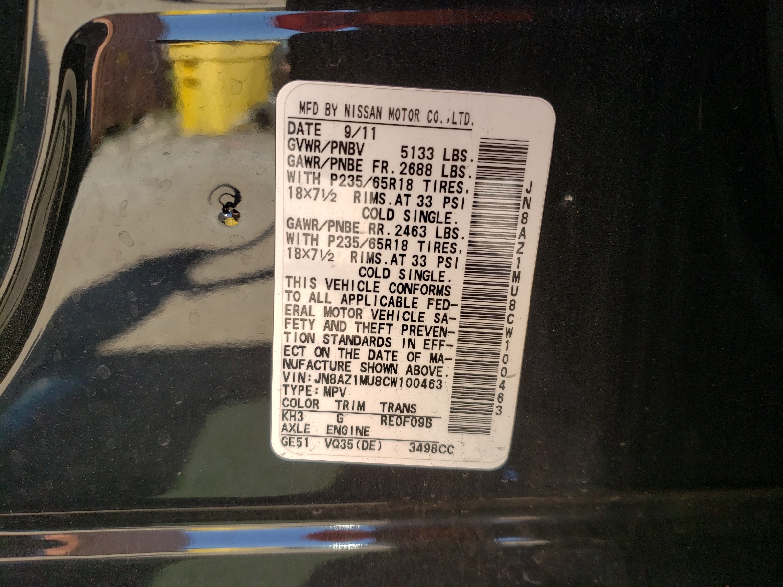 Photo 10 from auction – 2012 NISSAN MURANO S with VIN JN8AZ1MU8CW100463