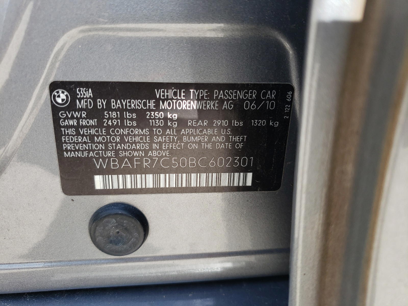 Photo 10 from auction – 2011 BMW 535 I with VIN WBAFR7C50BC602301