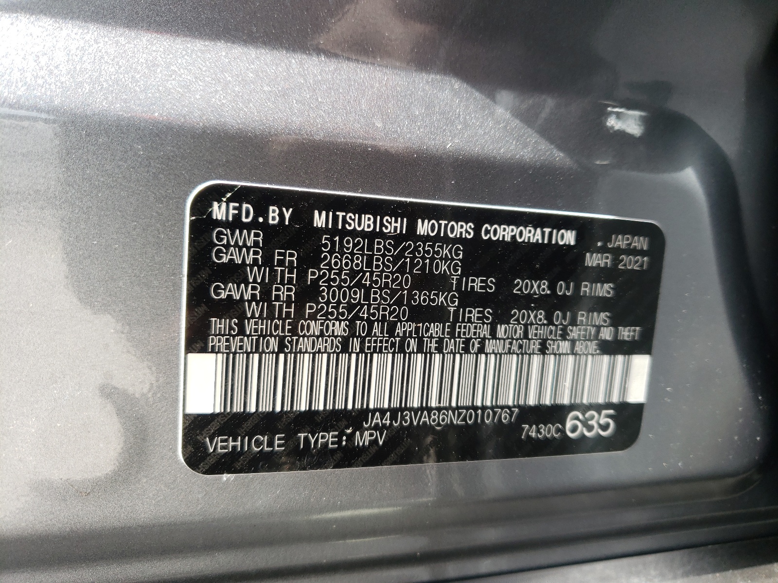 Photo 10 from auction – 2022 MITSUBISHI OUTLANDER with VIN JA4J3VA86NZ010767