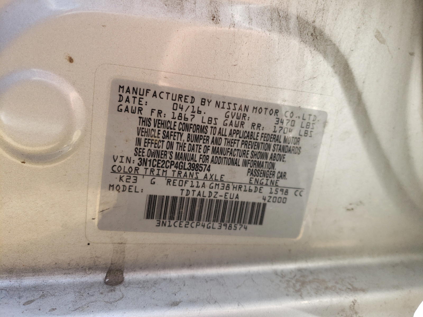 Photo 10 from auction – 2016 NISSAN VERSA NOTE with VIN 3N1CE2CP4GL398574