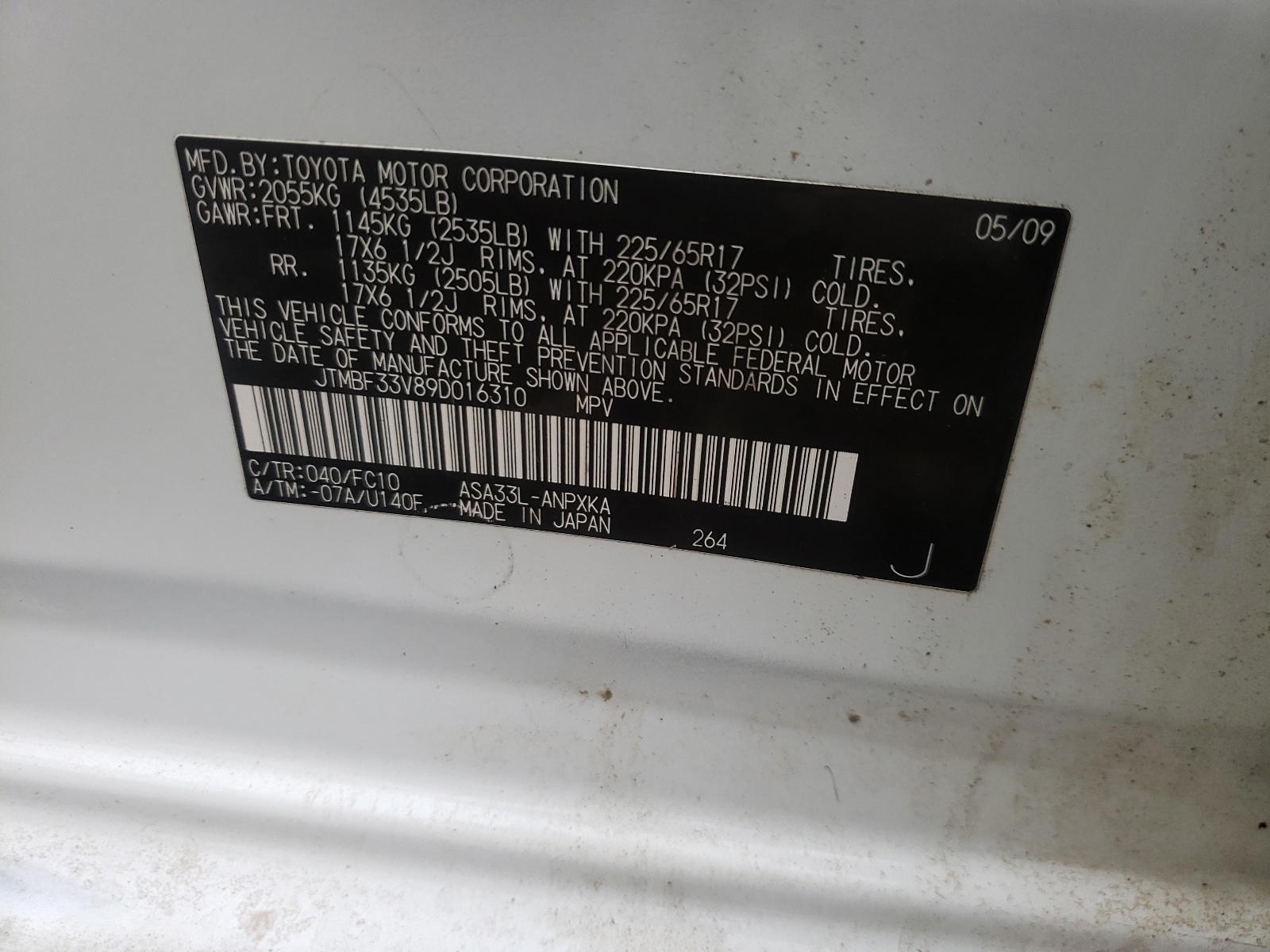 Photo 10 from auction – 2009 TOYOTA RAV4 with VIN JTMBF33V89D016310