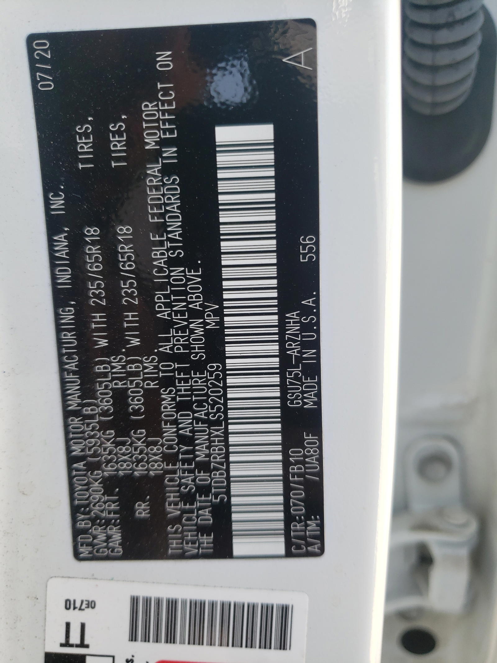 Photo 10 from auction – 2020 TOYOTA HIGHLANDER with VIN 5TDBZRBHXLS520259